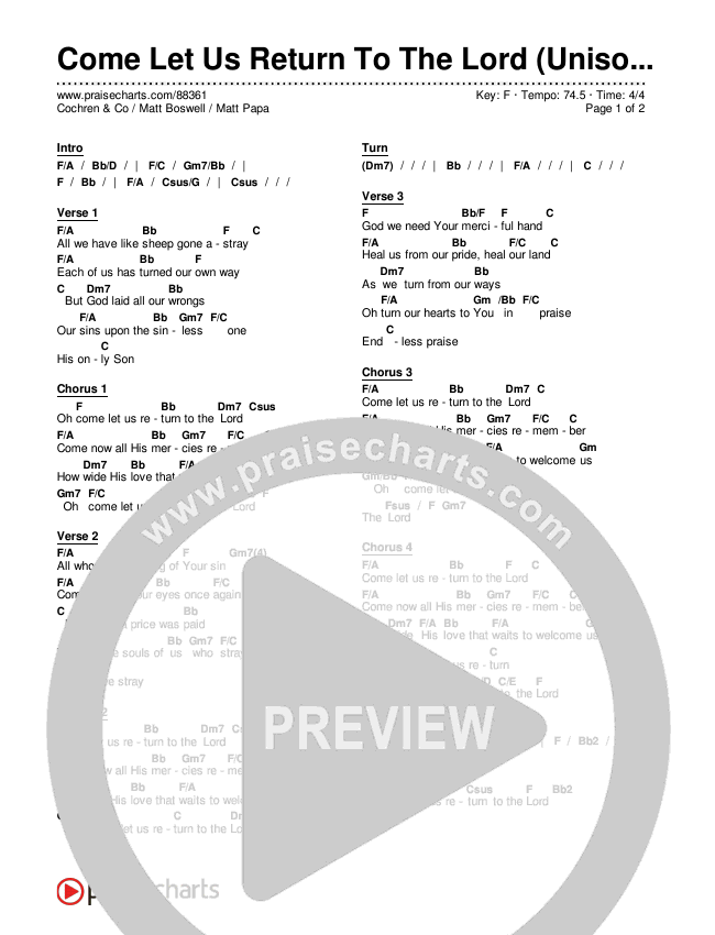 Come Let Us Return To The Lord (Unison/2-Part) Chords & Lyrics (Matt Papa / Matt Boswell / Cochren & Co)