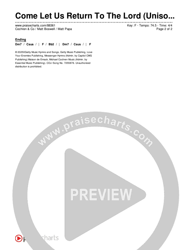 Come Let Us Return To The Lord (Unison/2-Part) Chords & Lyrics (Matt Papa / Matt Boswell / Cochren & Co)