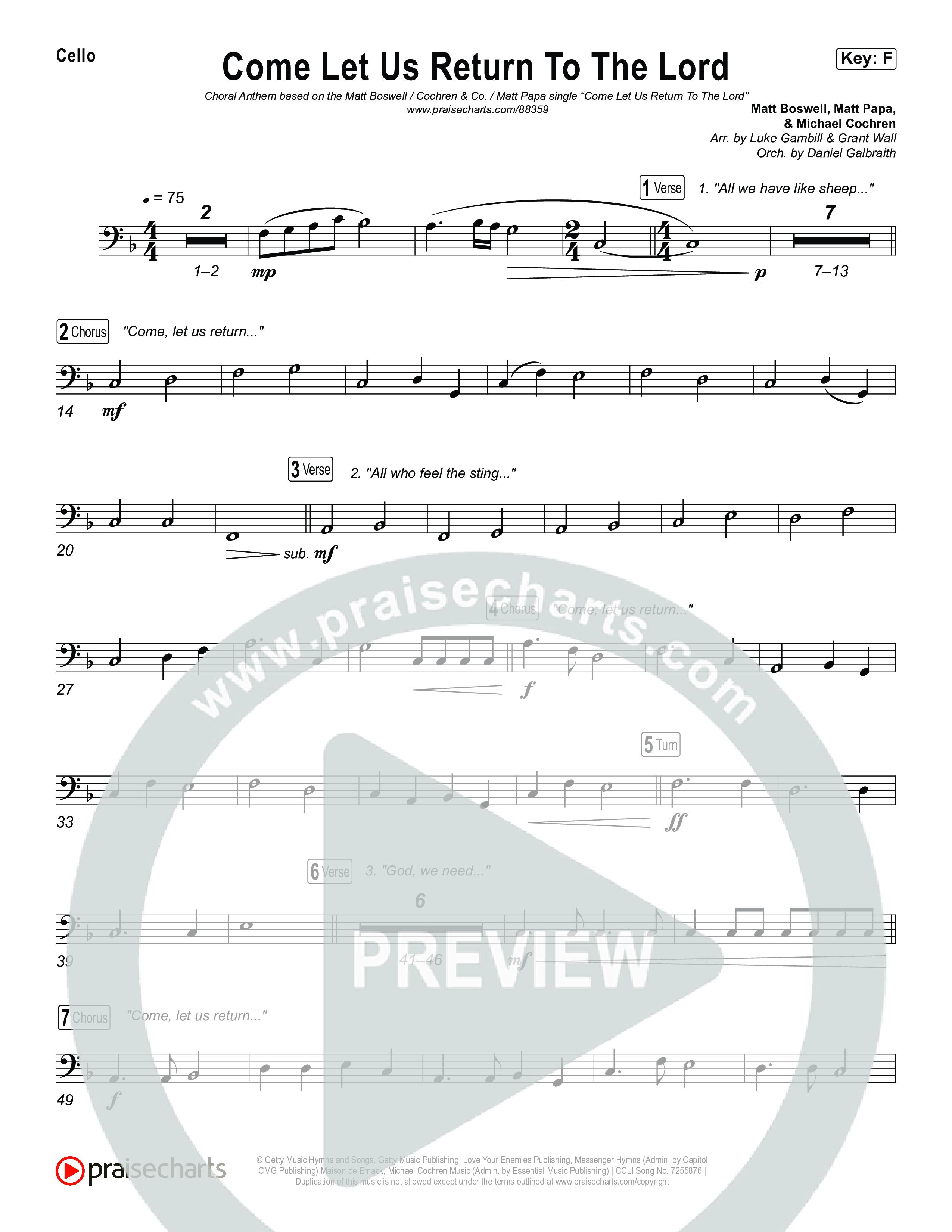 Come Let Us Return To The Lord (Sing It Now) Cello (Matt Papa / Matt Boswell / Cochren & Co)