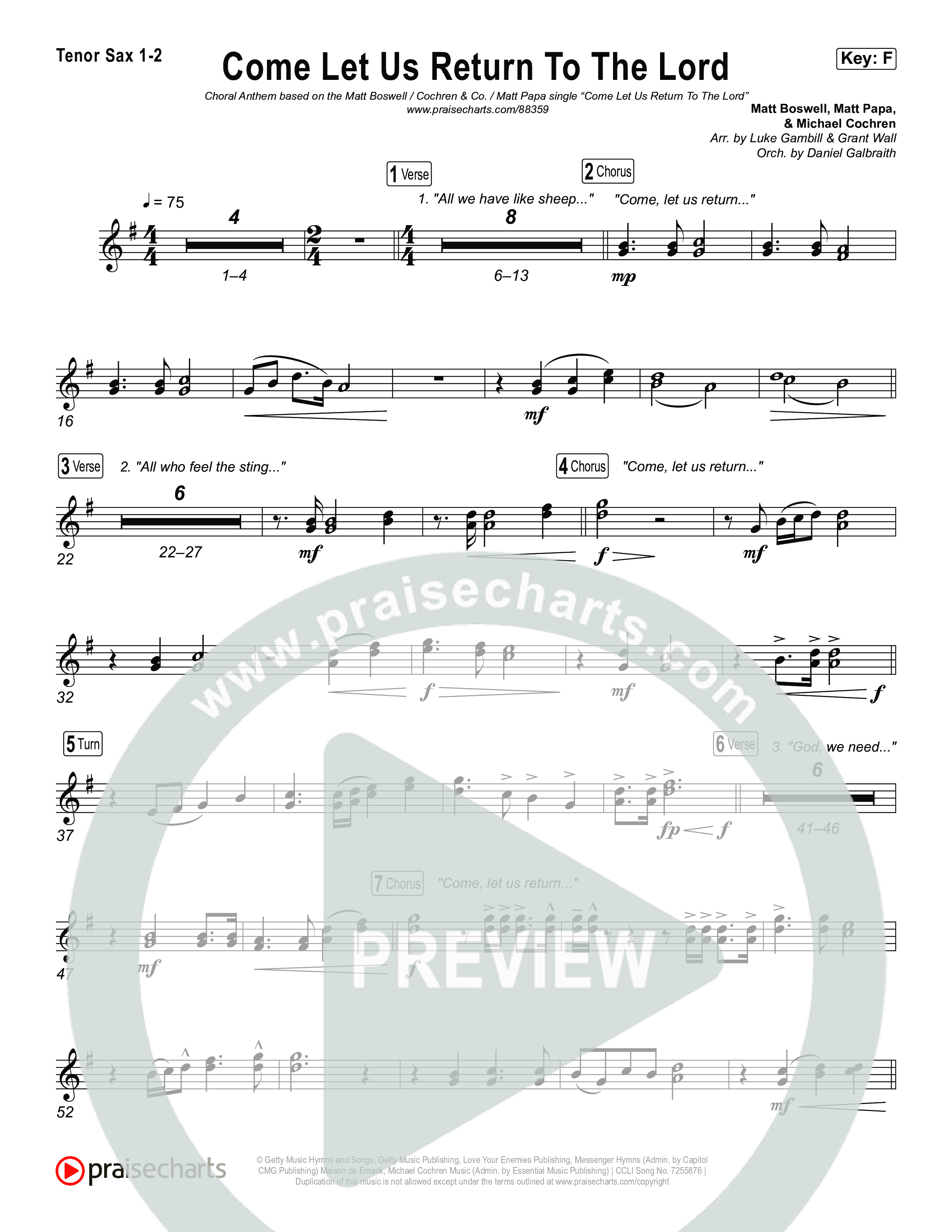 Come Let Us Return To The Lord (Sing It Now) Tenor Sax 1/2 (Matt Papa / Matt Boswell / Cochren & Co)