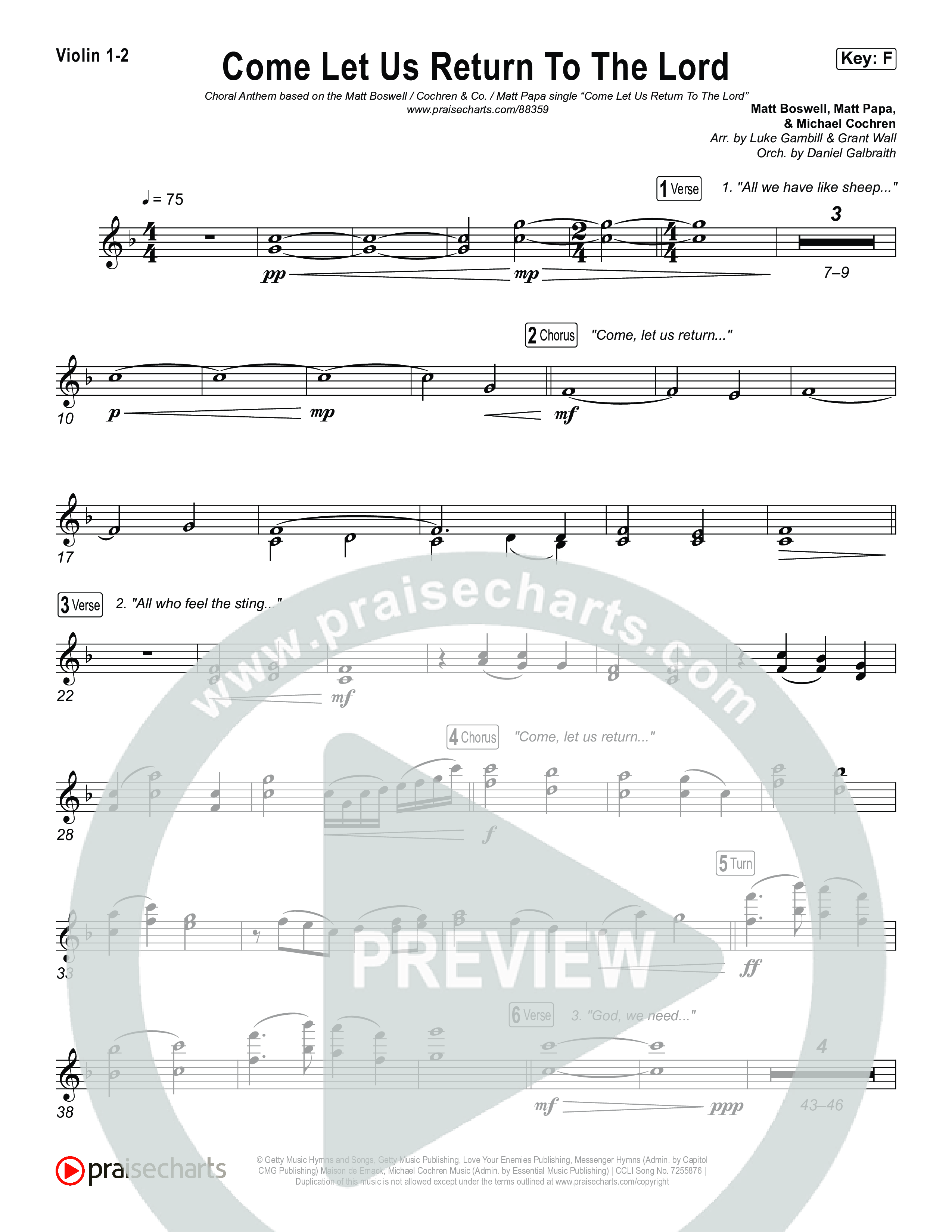 Come Let Us Return To The Lord (Sing It Now) Violin 1/2 (Matt Papa / Matt Boswell / Cochren & Co)