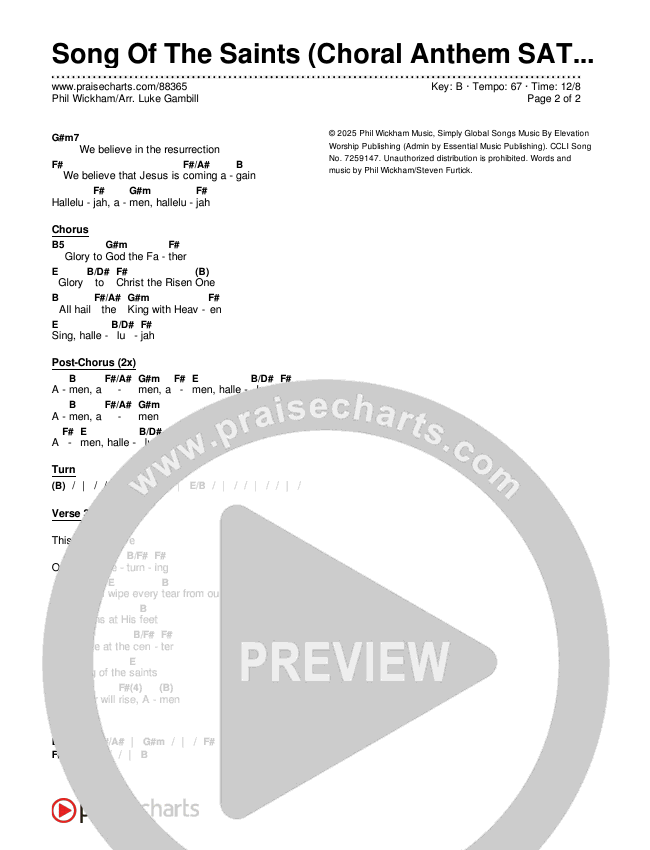 Song Of The Saints (Choral Anthem SATB) Chords & Lyrics (Phil Wickham / Arr. Luke Gambill)
