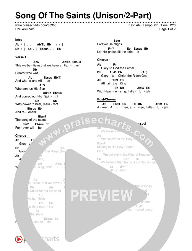 Song Of The Saints (Unison/2-Part) Chords & Lyrics (Phil Wickham / Arr. Luke Gambill)