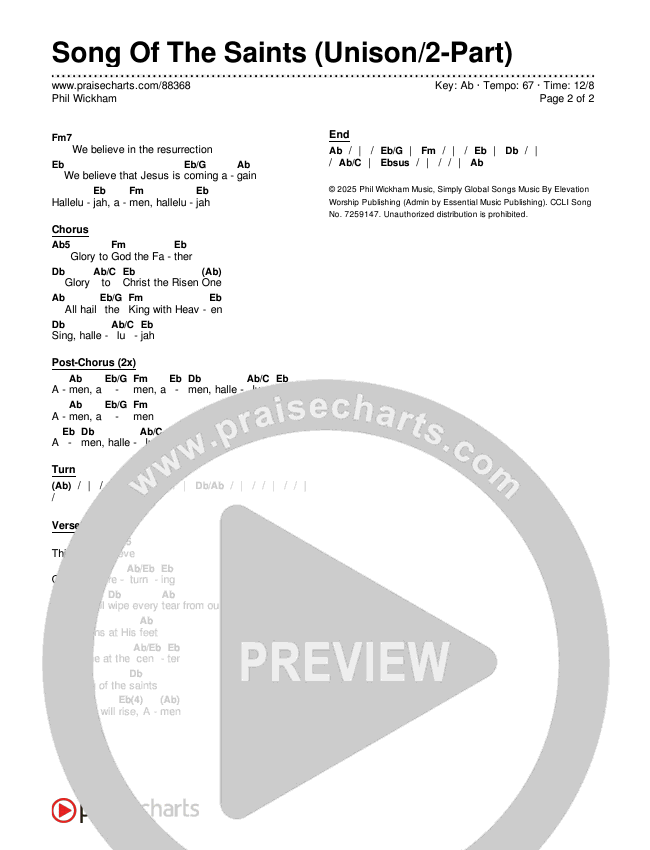 Song Of The Saints (Unison/2-Part) Chords & Lyrics (Phil Wickham / Arr. Luke Gambill)