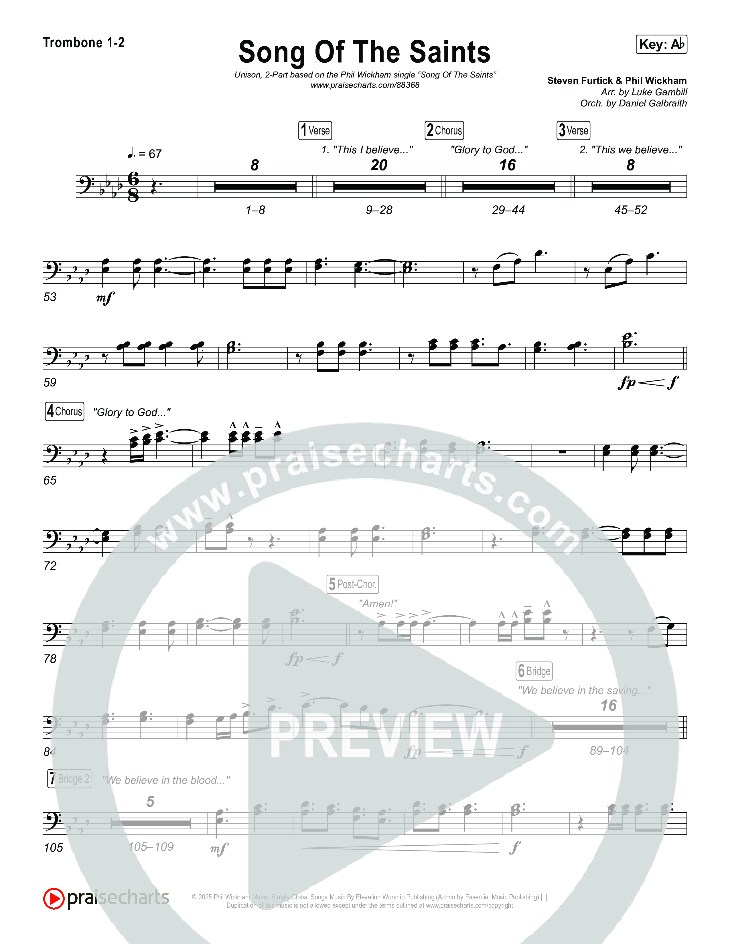 Song Of The Saints (Unison/2-Part) Trombone 1/2 (Phil Wickham / Arr. Luke Gambill)