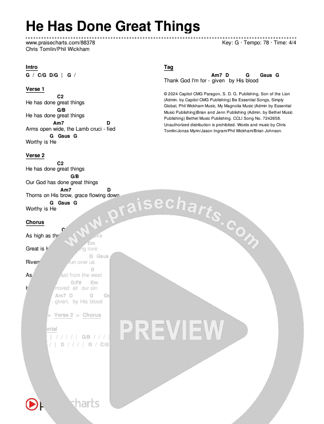 He Has Done Great Things Chords & Lyrics (Chris Tomlin / Phil Wickham)