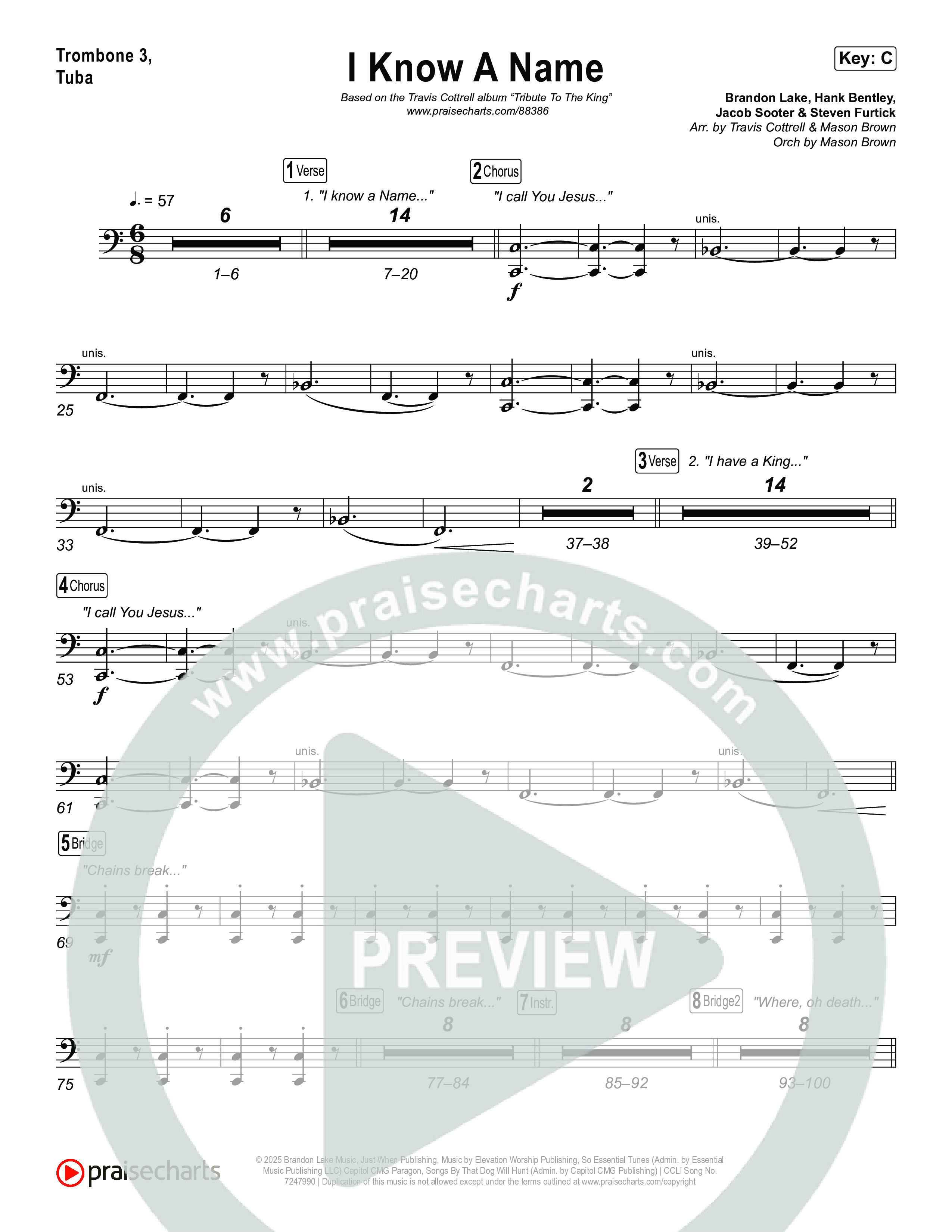 I Know A Name (Choral/SATB) Trombone 3/Tuba (Travis Cottrell / Arr. Mason Brown)