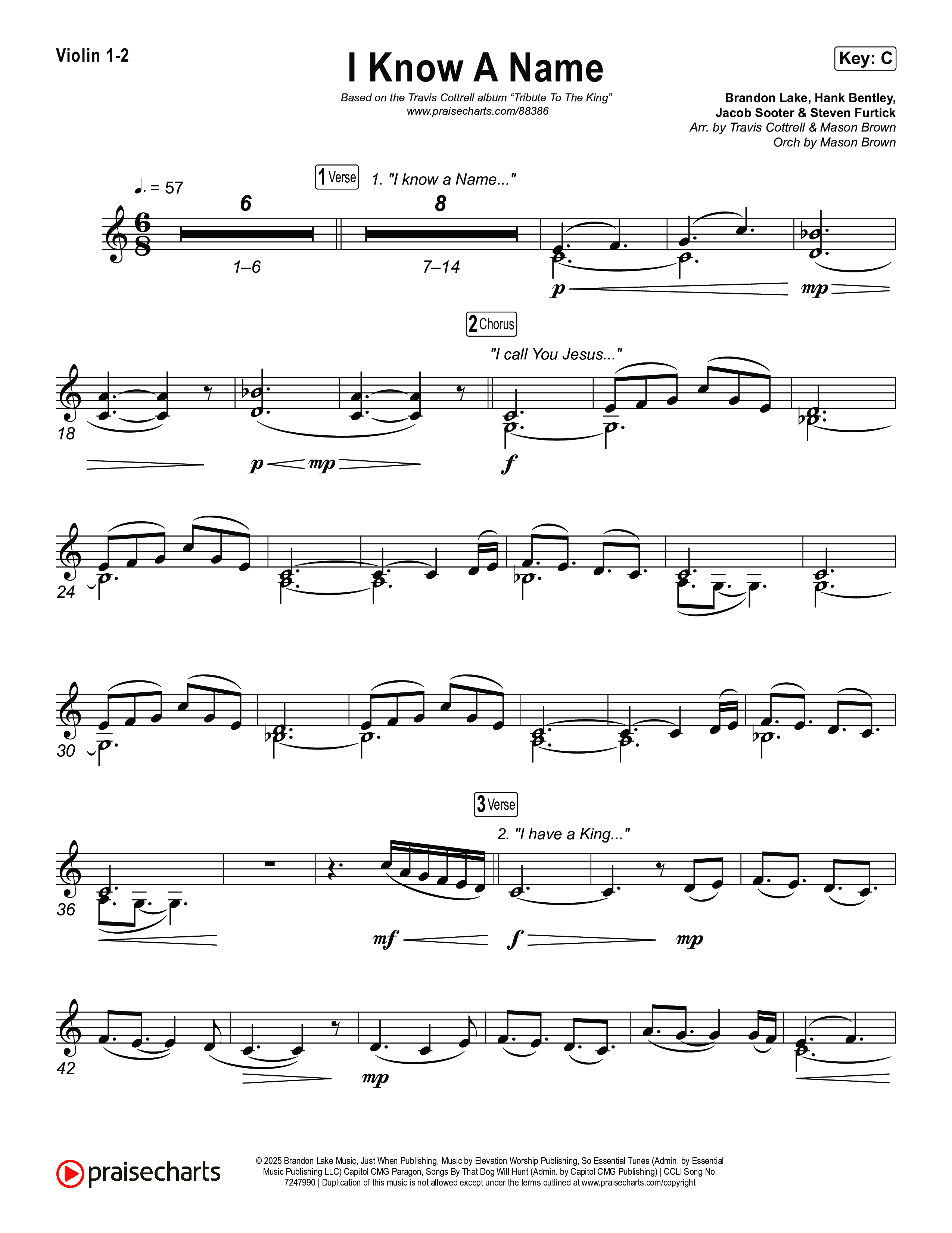 I Know A Name (Choral/SATB) Violin 1,2 (Travis Cottrell / Arr. Mason Brown)