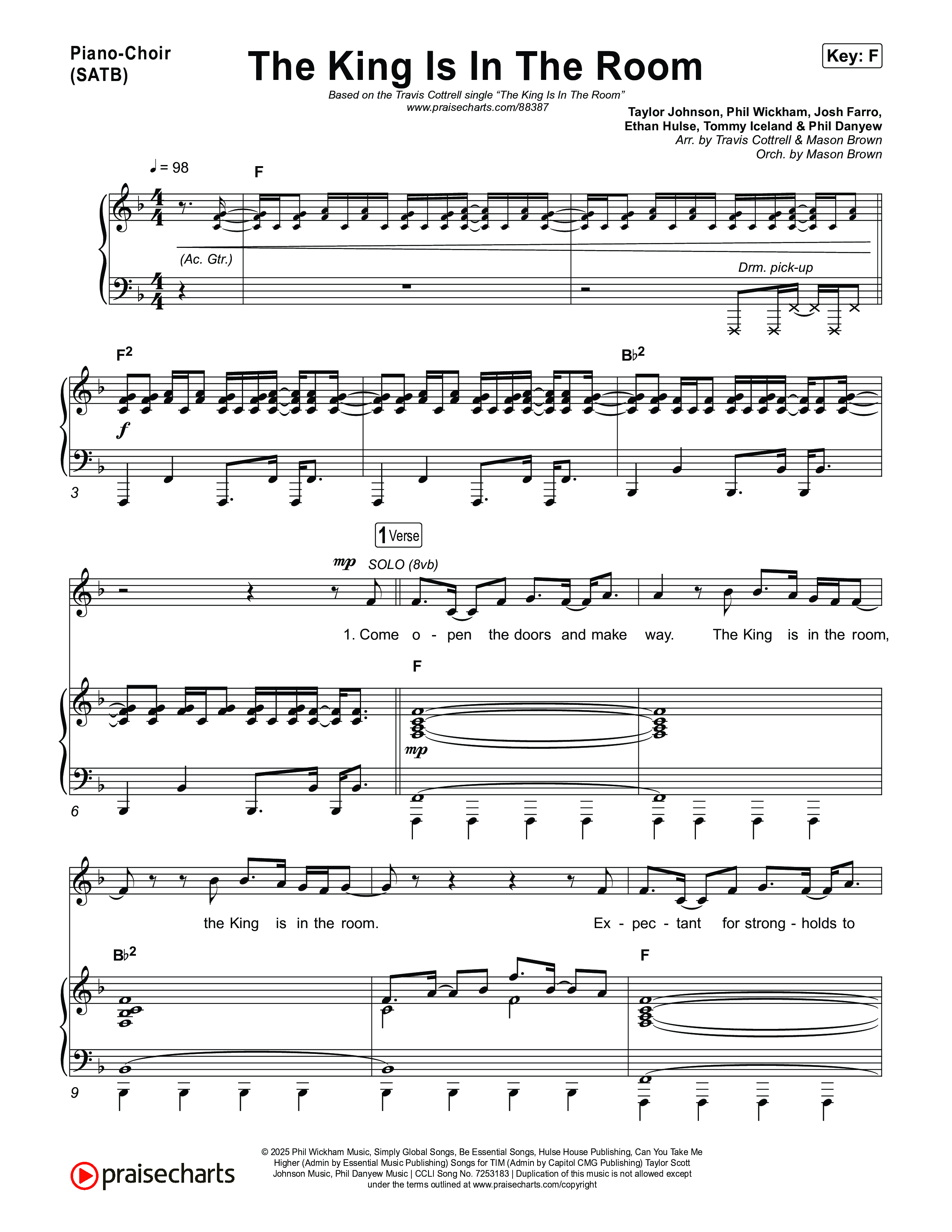The King Is In The Room (Choral/SATB) Piano/Vocal (SATB) (Travis Cottrell / Arr. Mason Brown)