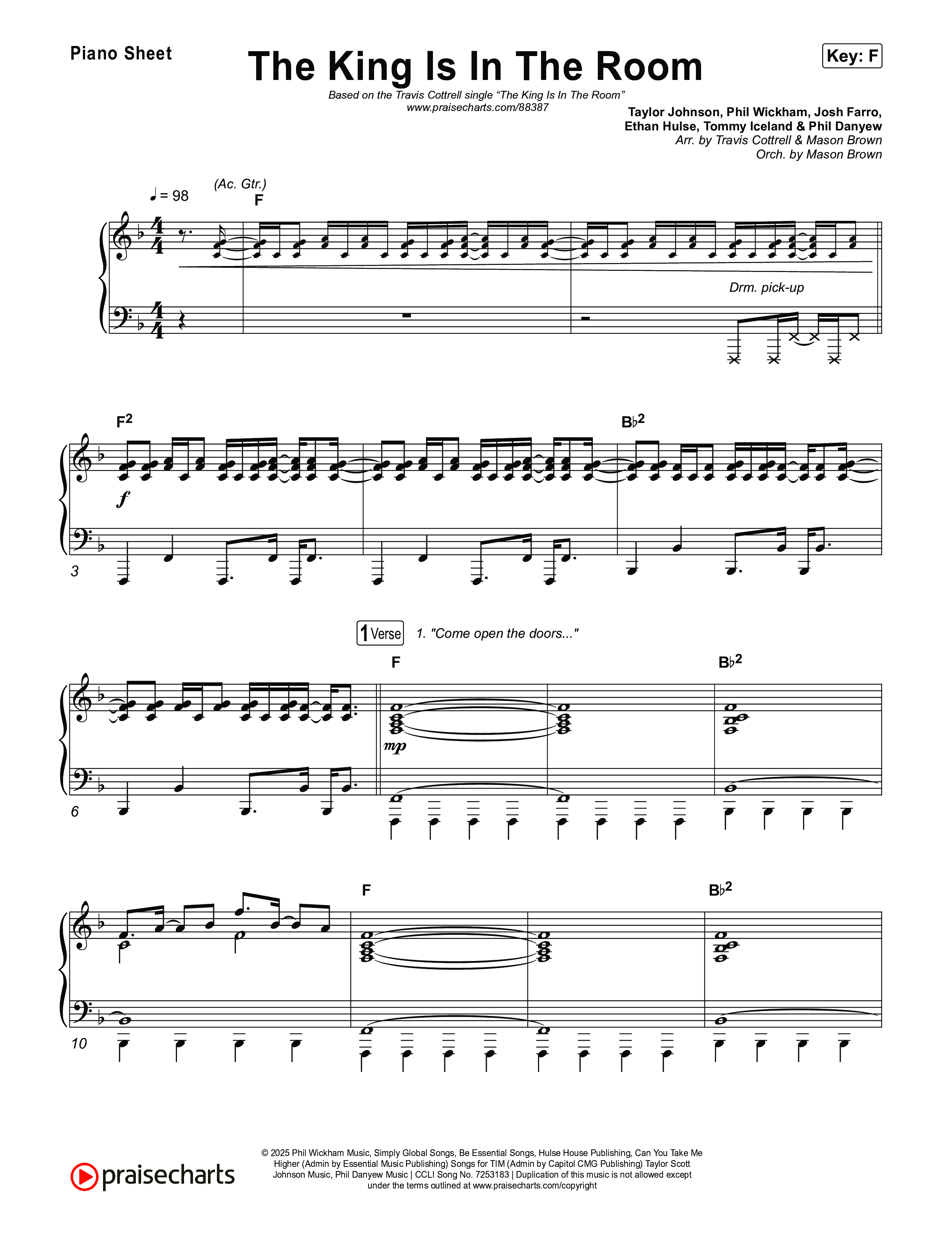 The King Is In The Room (Choral/SATB) Piano Sheet (Travis Cottrell / Arr. Mason Brown)