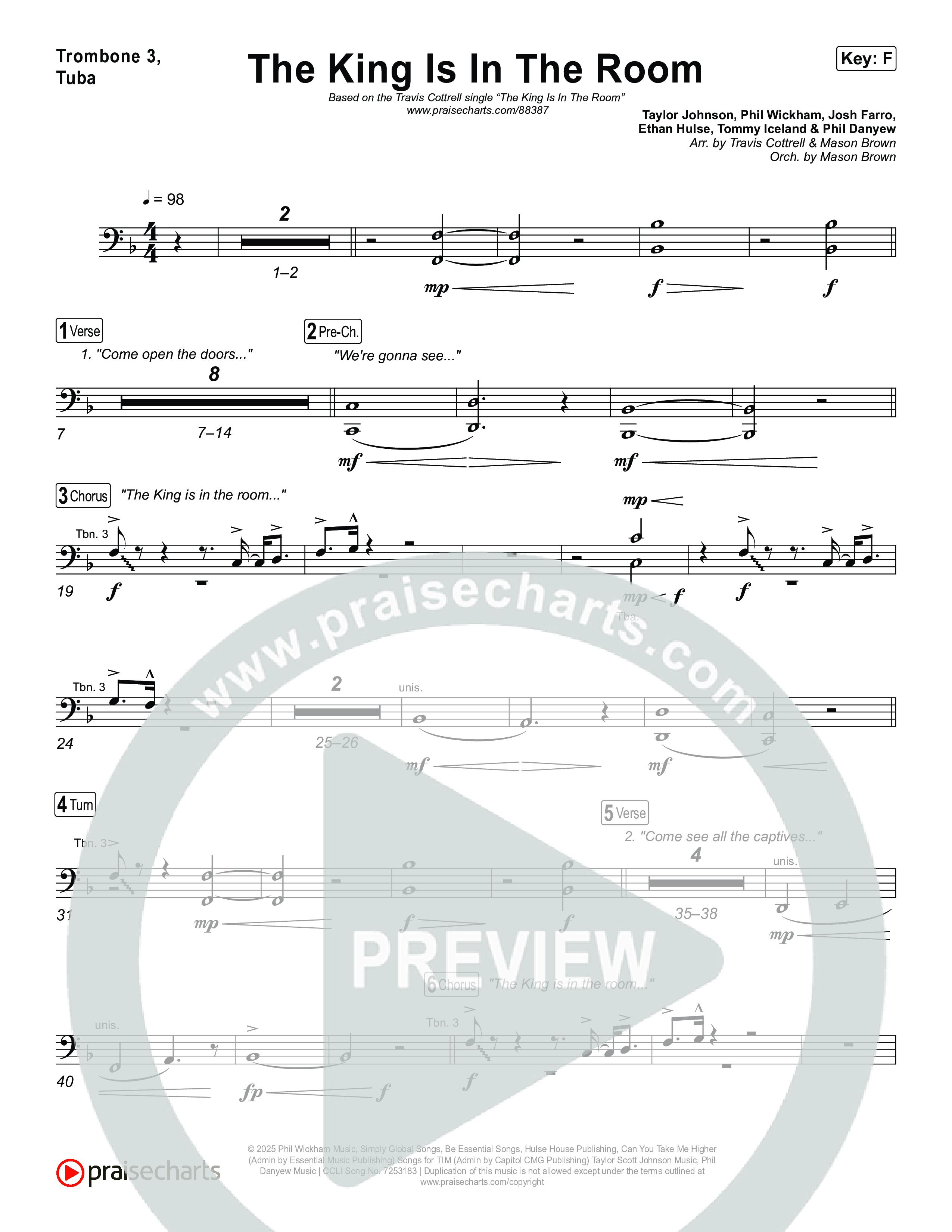 The King Is In The Room (Choral/SATB) Trombone 3/Tuba (Travis Cottrell / Arr. Mason Brown)