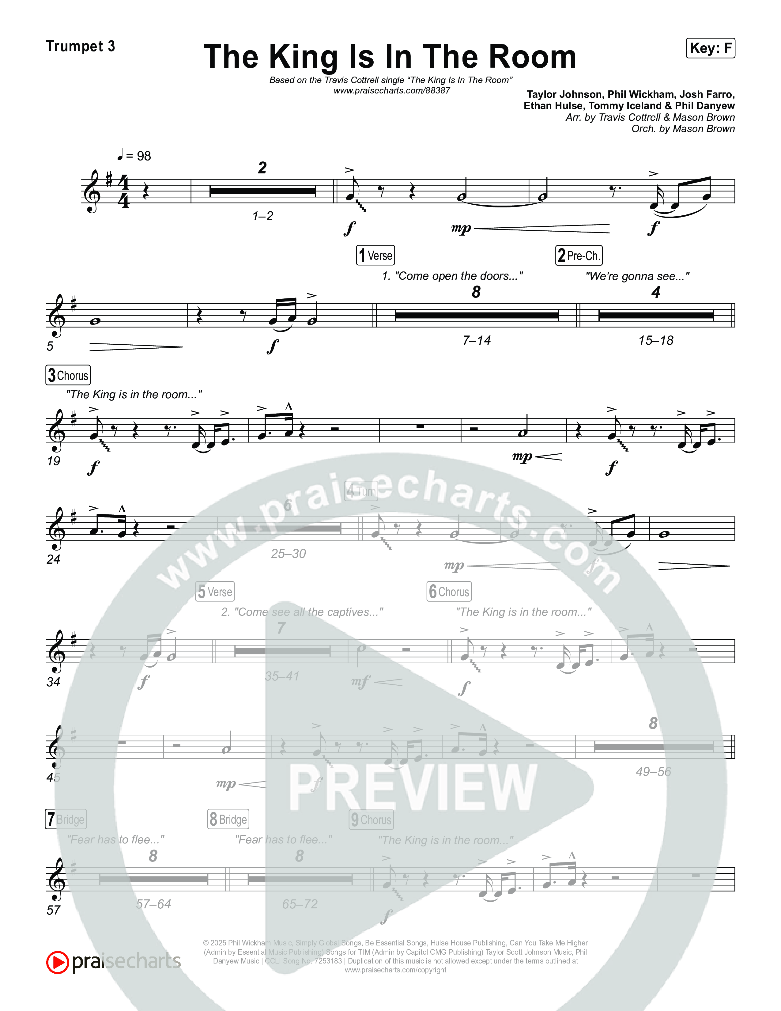 The King Is In The Room (Choral/SATB) Trumpet 1,2 (Travis Cottrell / Arr. Mason Brown)
