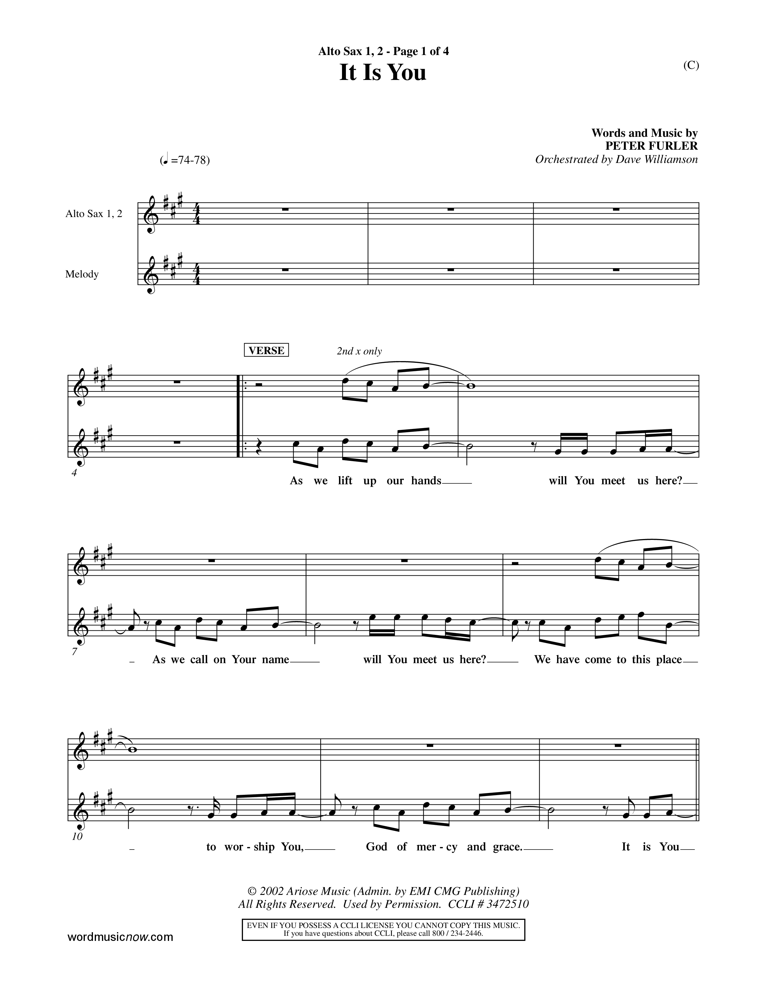 It Is You (Choral Anthem SATB) Alto Sax 1/2 (Word Music Choral / Orch. Dave Williamson)