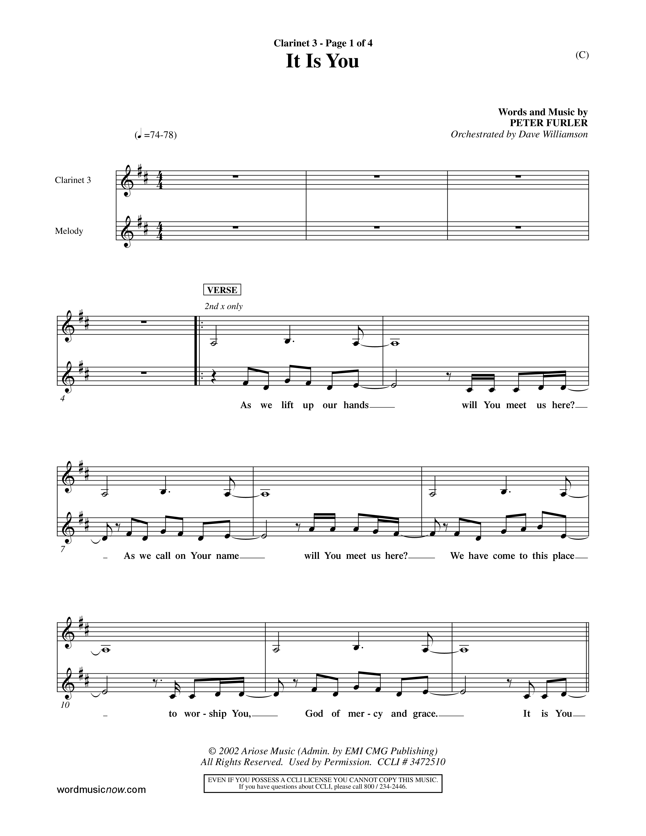 It Is You (Choral Anthem SATB) Clarinet 3 (Word Music Choral / Orch. Dave Williamson)