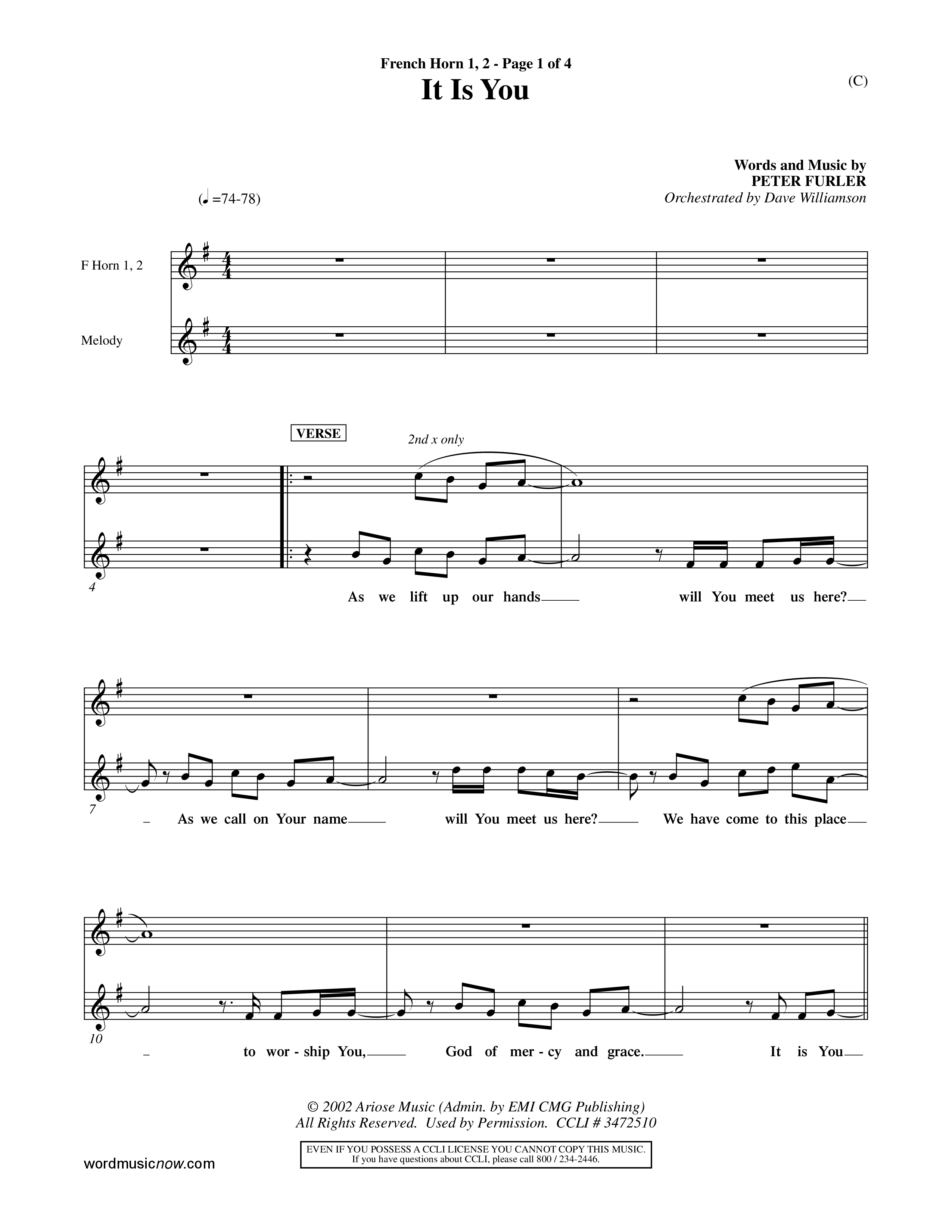 It Is You (Choral Anthem SATB) French Horn (Word Music Choral / Orch. Dave Williamson)