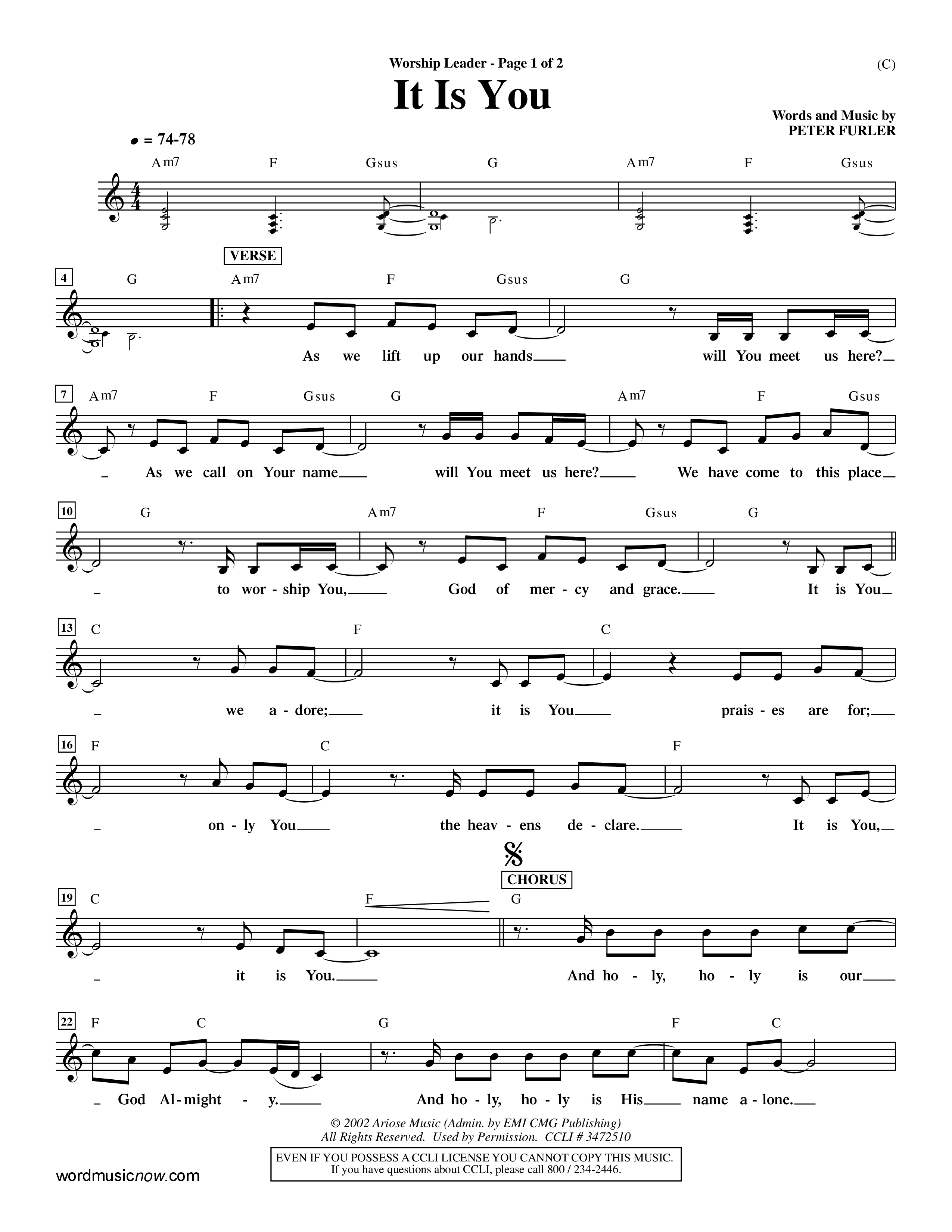 It Is You (Choral Anthem SATB) Lead Sheet (Mel) (Word Music Choral / Orch. Dave Williamson)