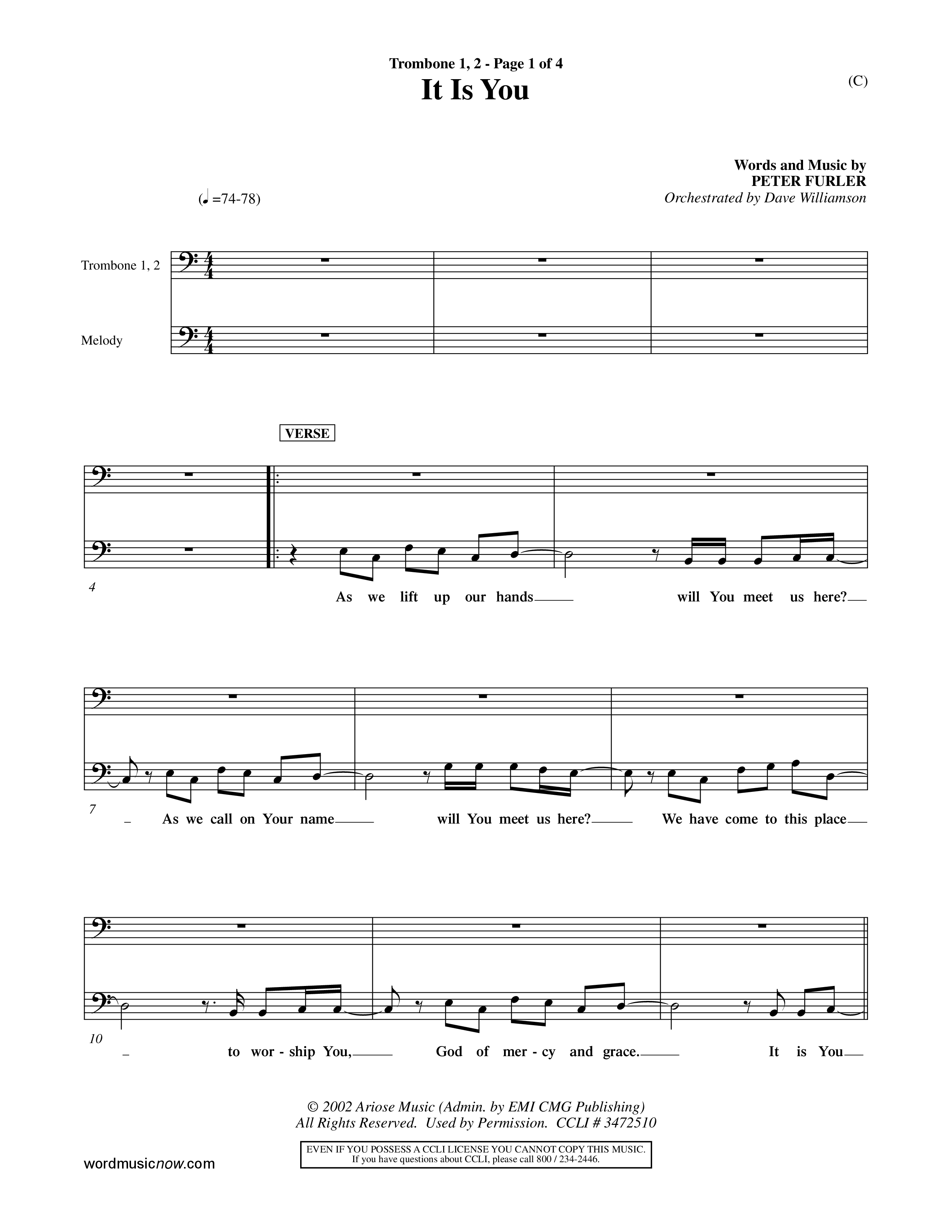 It Is You (Choral Anthem SATB) Trombone 1/2 (Word Music Choral / Orch. Dave Williamson)