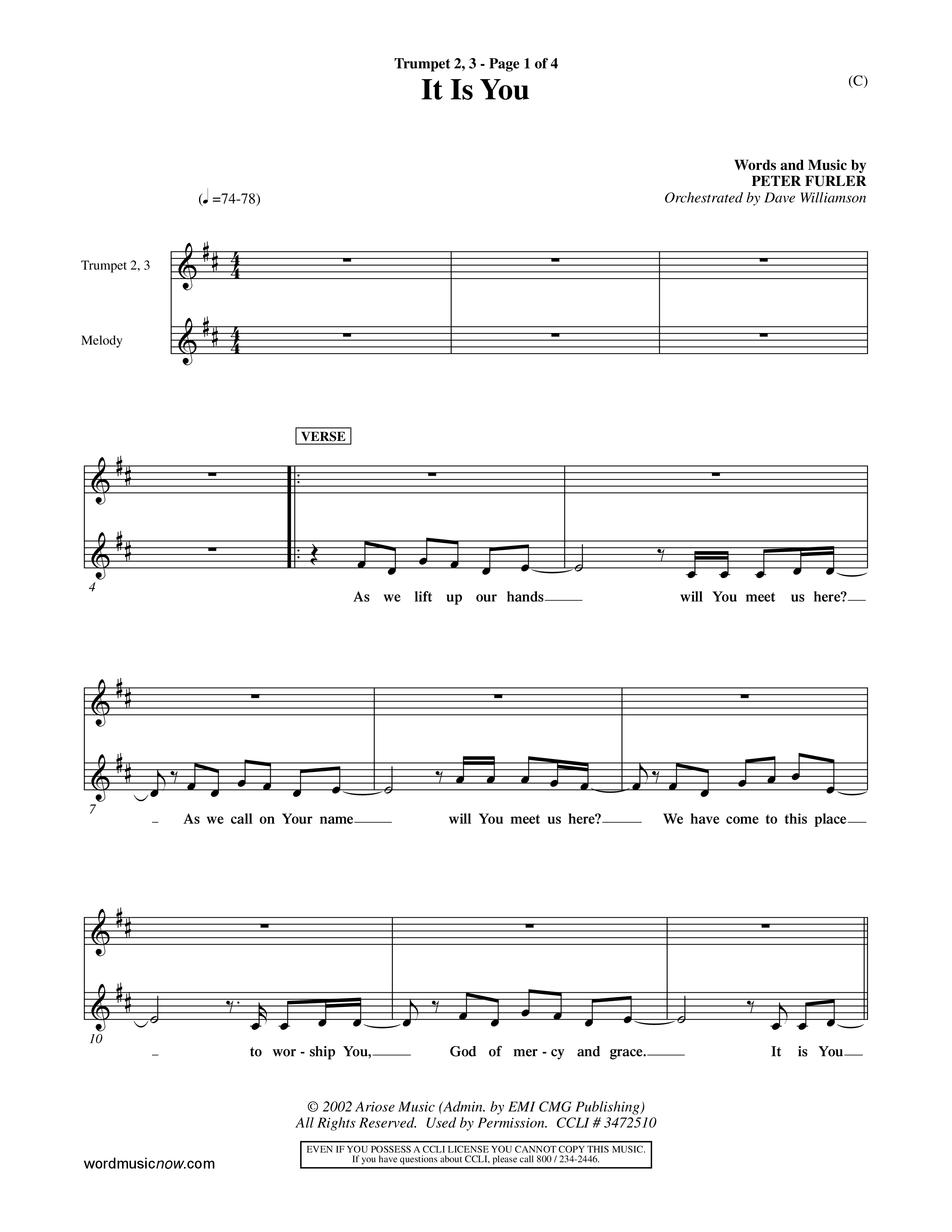 It Is You (Choral Anthem SATB) Trumpet 2/3 (Word Music Choral / Orch. Dave Williamson)