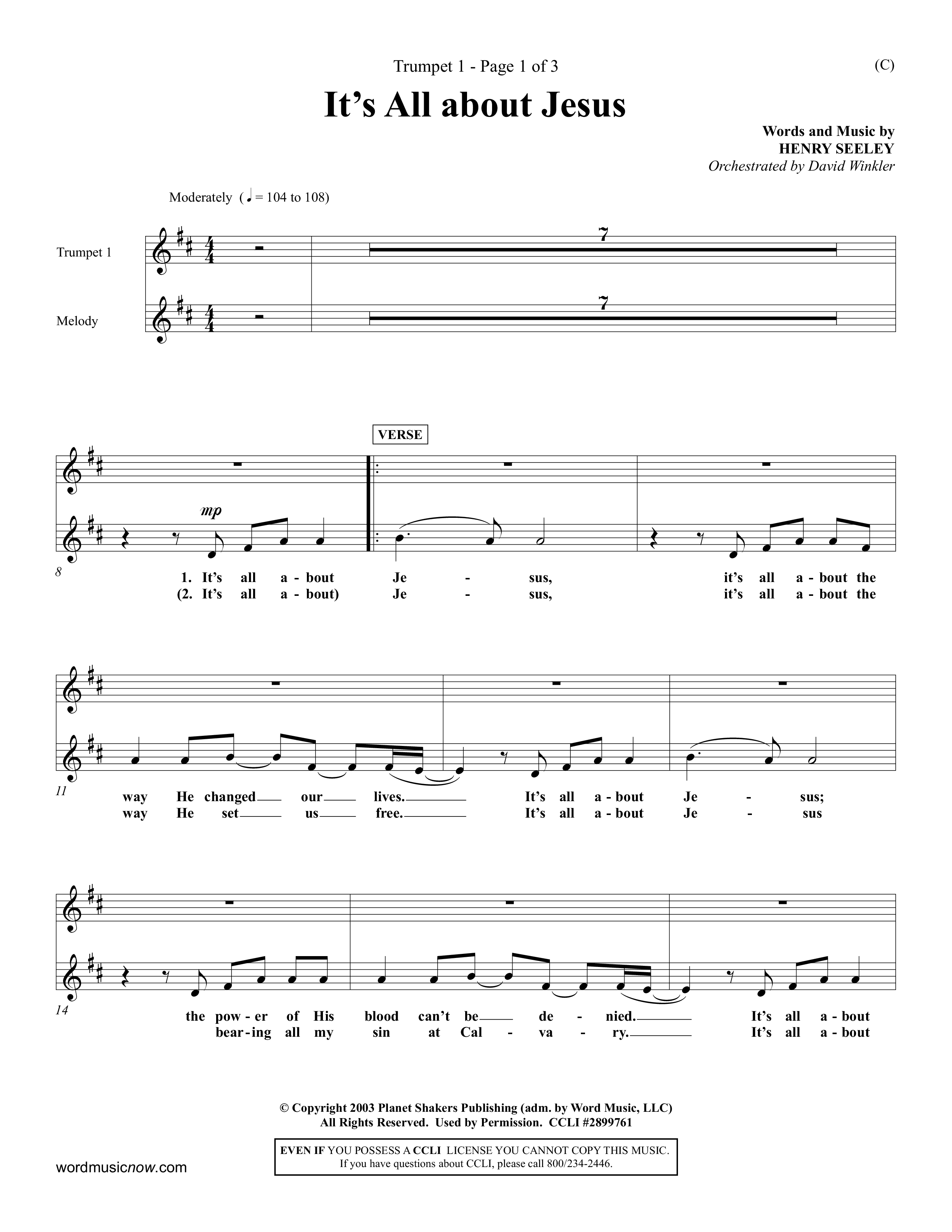It's All About Jesus (Choral Anthem SATB) Trumpet 1 (Word Music Choral / Orch. David Winkler)
