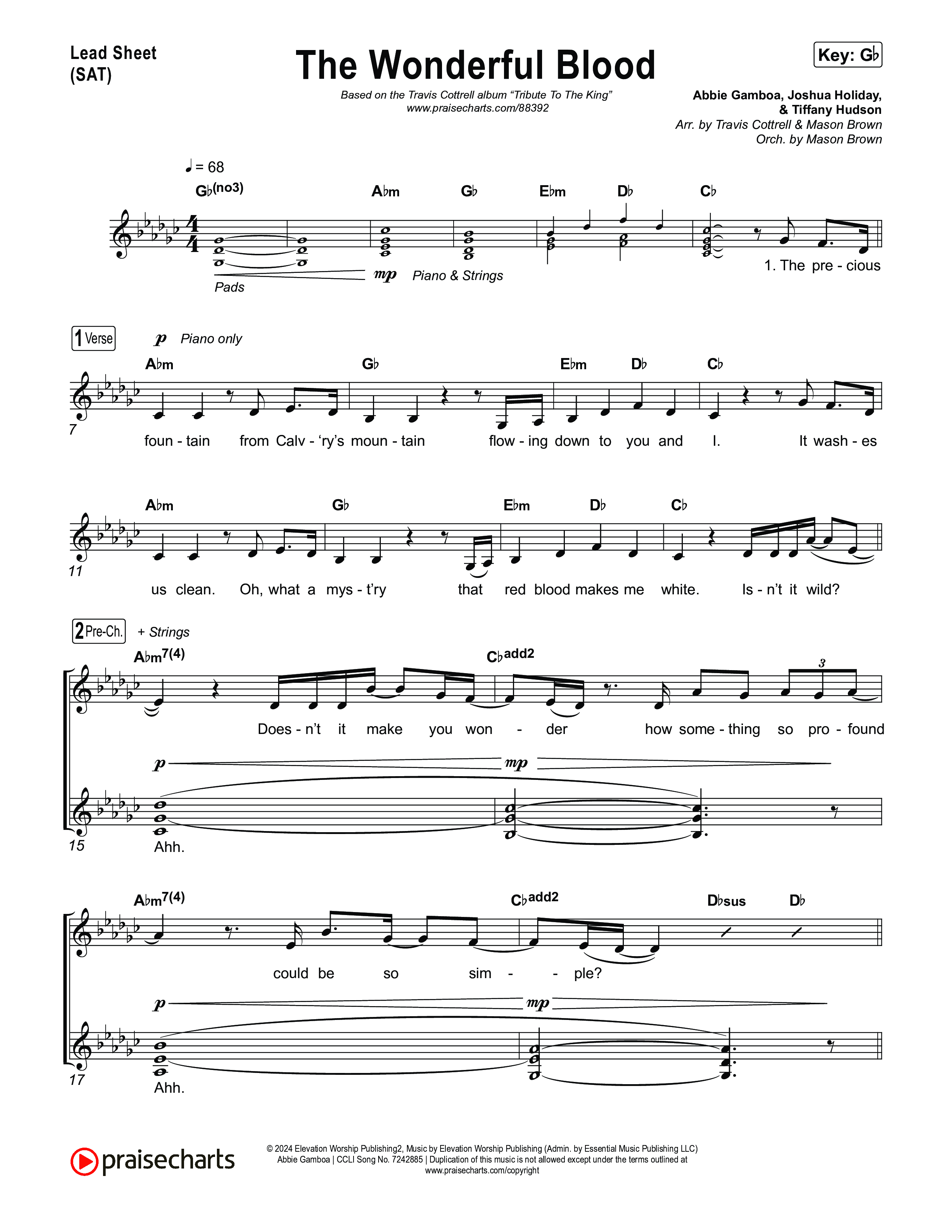 The Wonderful Blood (Choral/SATB) Lead Sheet (SAT) (Travis Cottrell / feat. Meredith Andrews / Arr. Mason Brown)