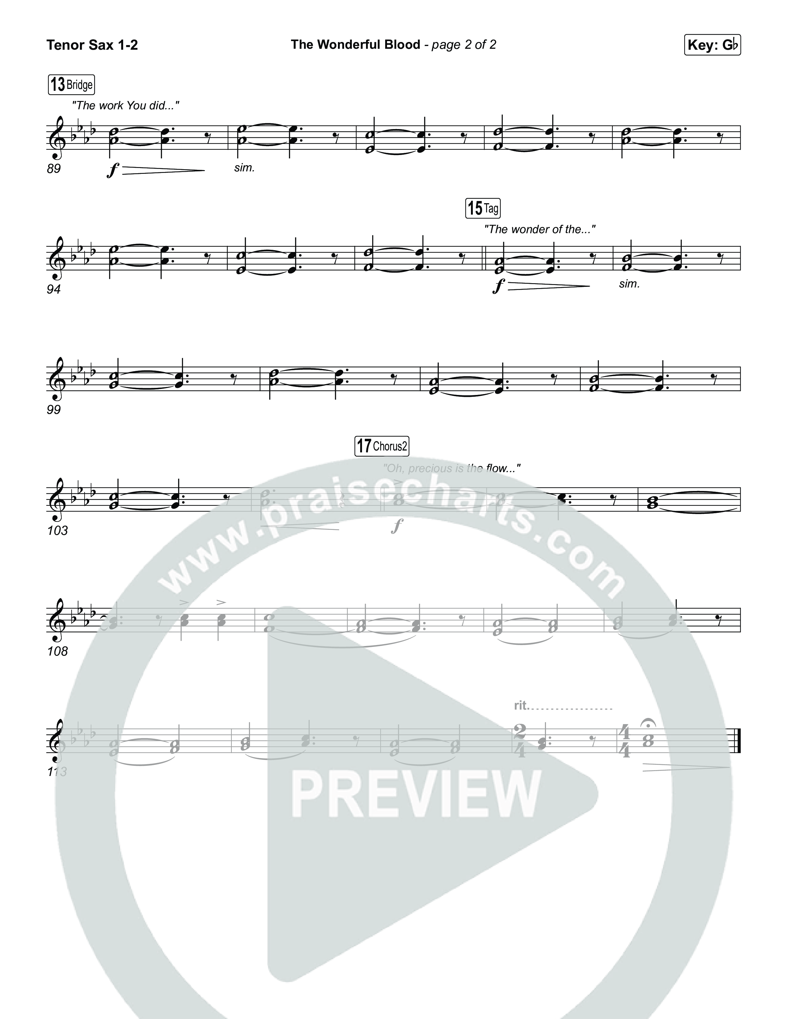 The Wonderful Blood (Choral/SATB) Tenor Sax 1,2 (Travis Cottrell / feat. Meredith Andrews / Arr. Mason Brown)