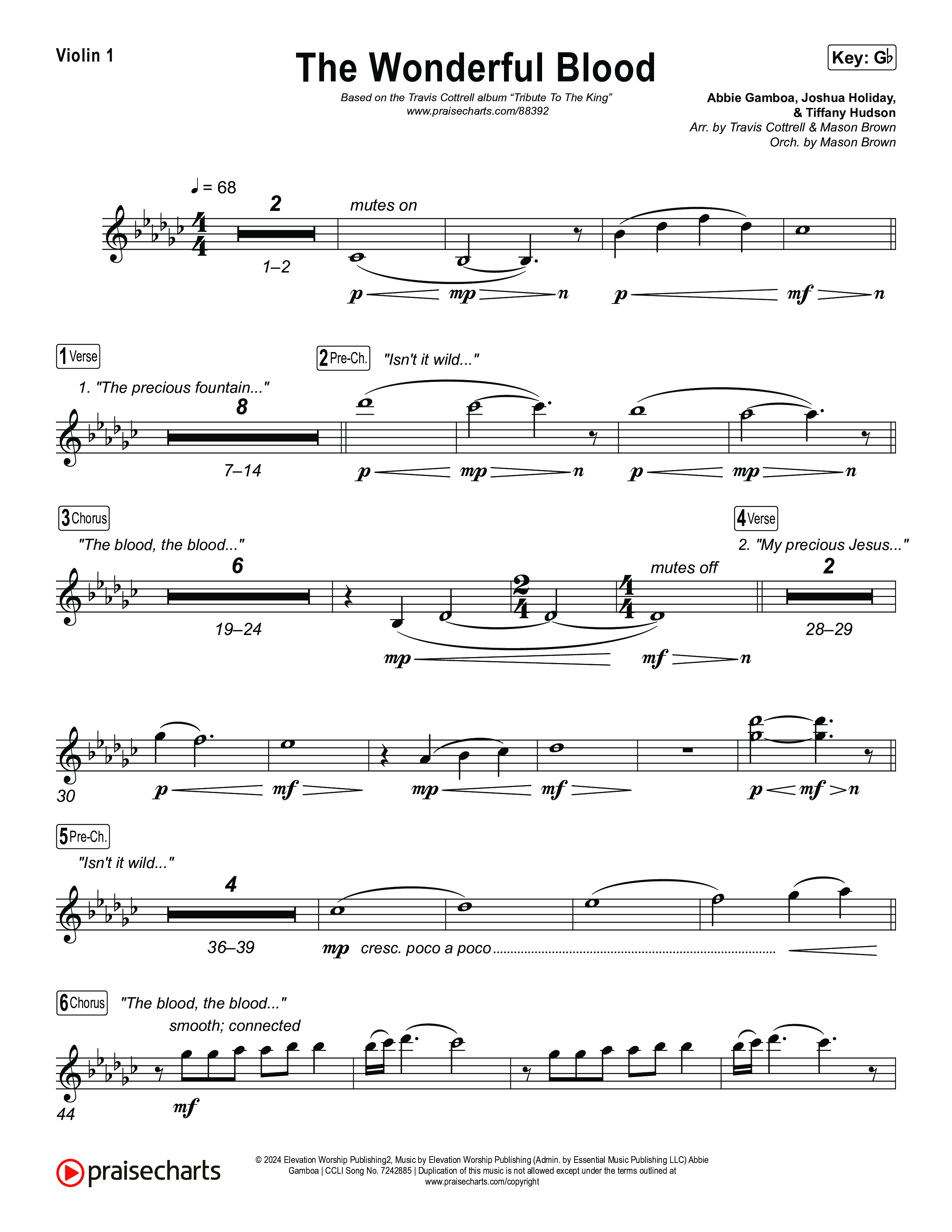 The Wonderful Blood (Choral/SATB) Violin 1 (Travis Cottrell / feat. Meredith Andrews / Arr. Mason Brown)