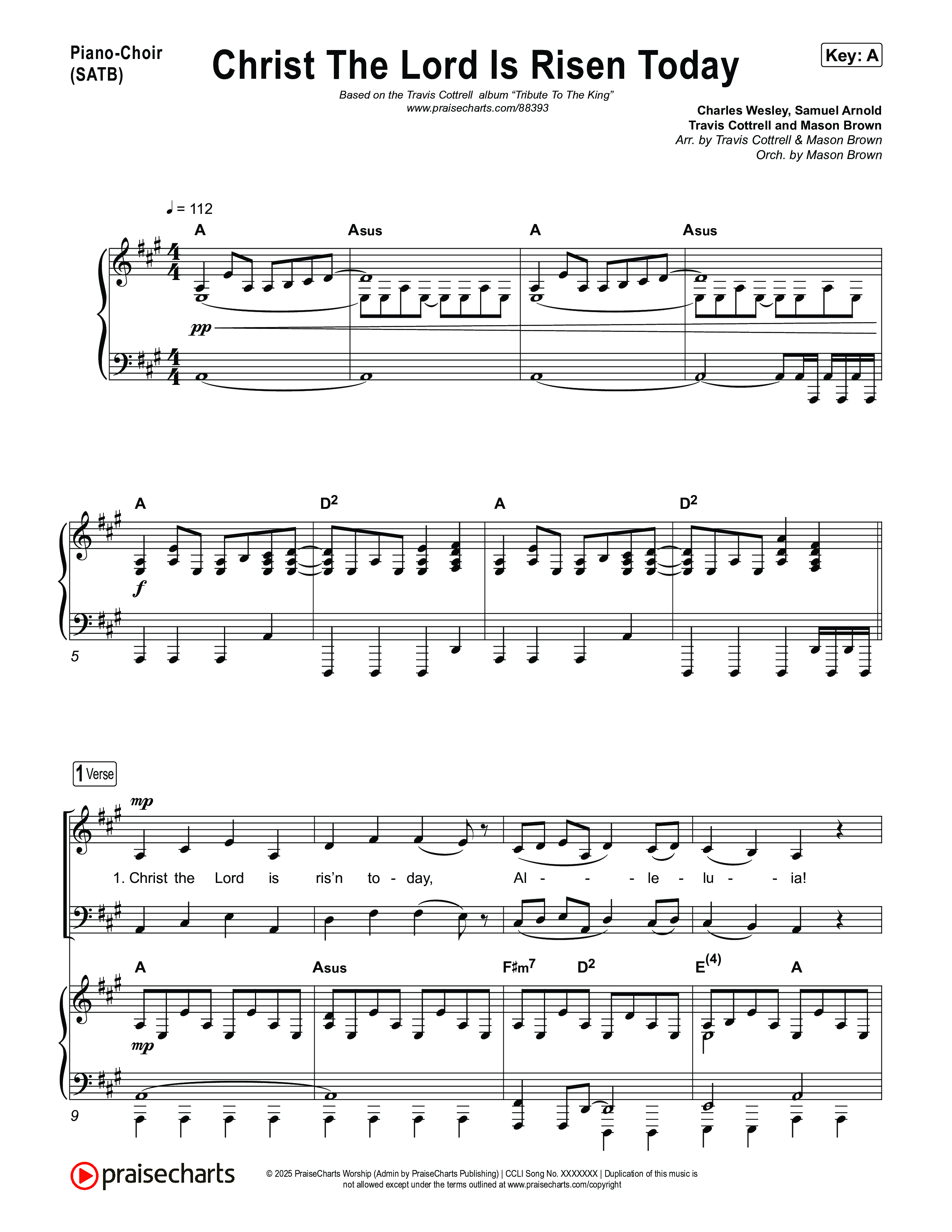 Christ The Lord Is Risen Today (Choral/SATB) Piano/Vocal (SATB) (Travis Cottrell / Arr. Mason Brown)
