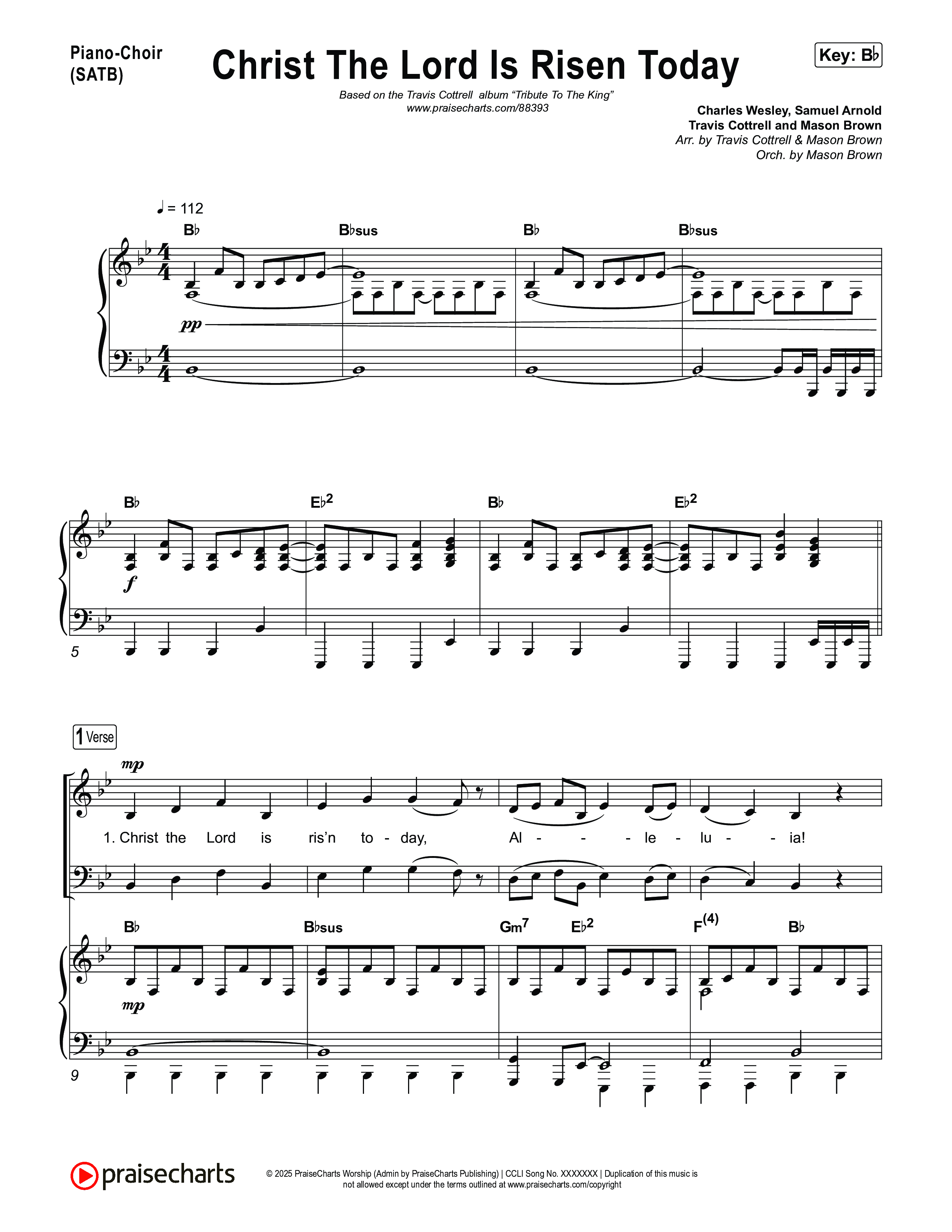 Christ The Lord Is Risen Today (Choral/SATB) Piano/Vocal (SATB) (Travis Cottrell / Arr. Mason Brown)