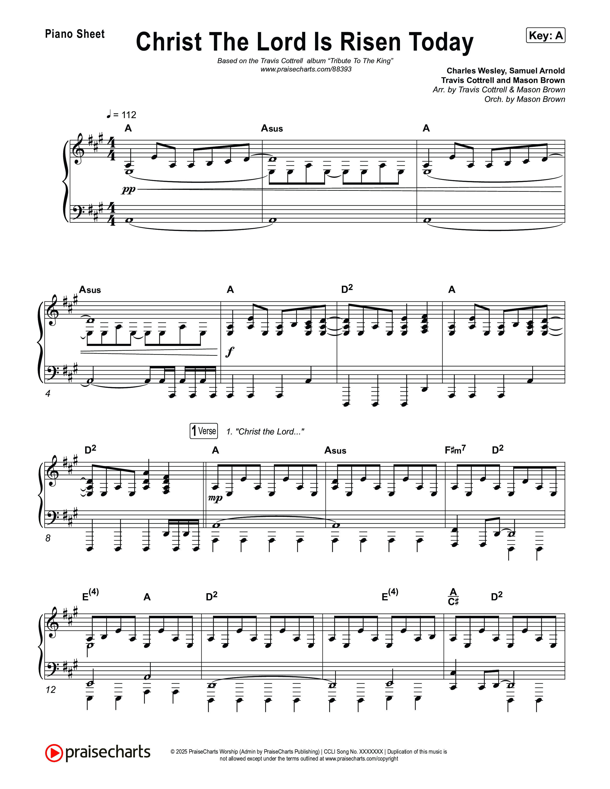 Christ The Lord Is Risen Today (Choral/SATB) Piano Sheet (Travis Cottrell / Arr. Mason Brown)