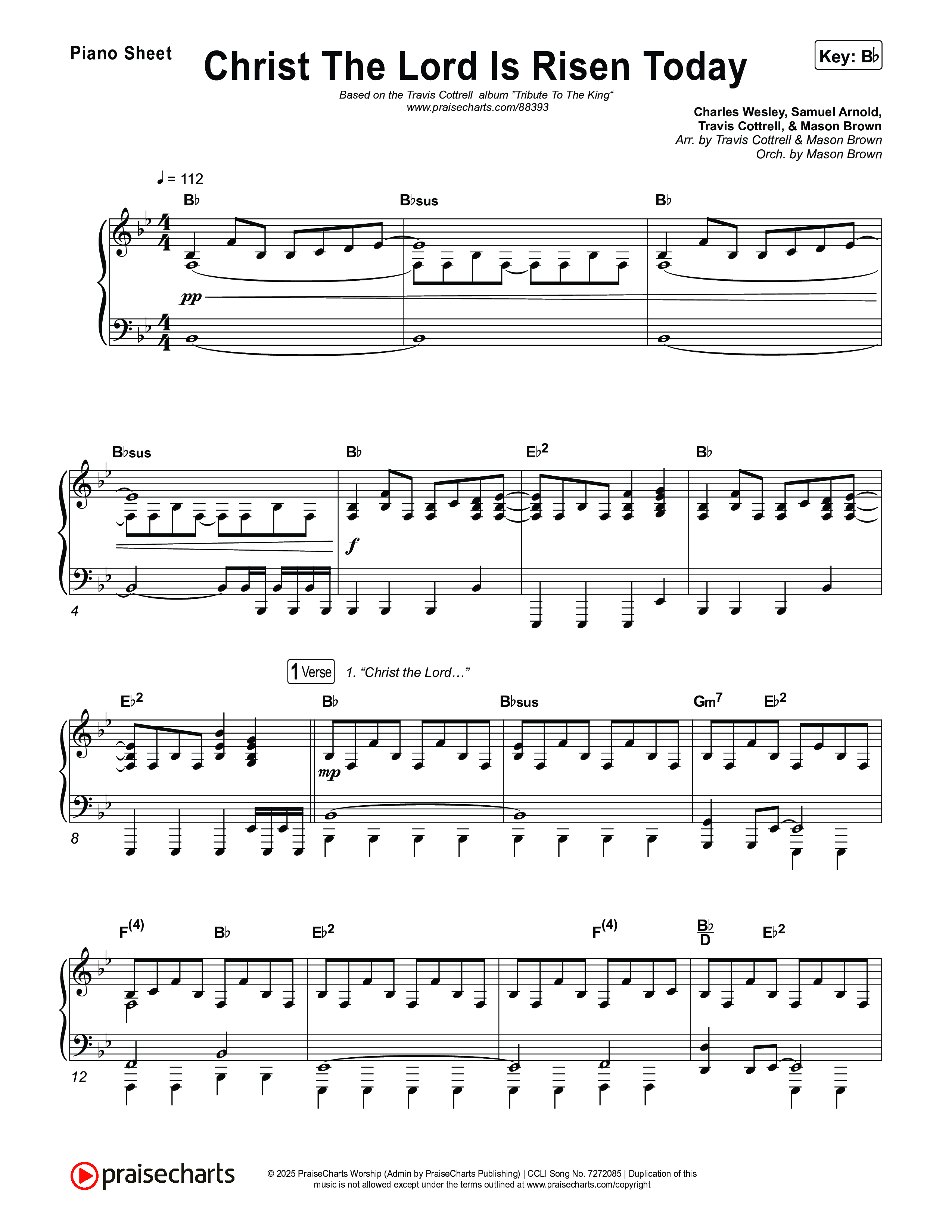 Christ The Lord Is Risen Today (Choral/SATB) Piano Sheet (Travis Cottrell / Arr. Mason Brown)