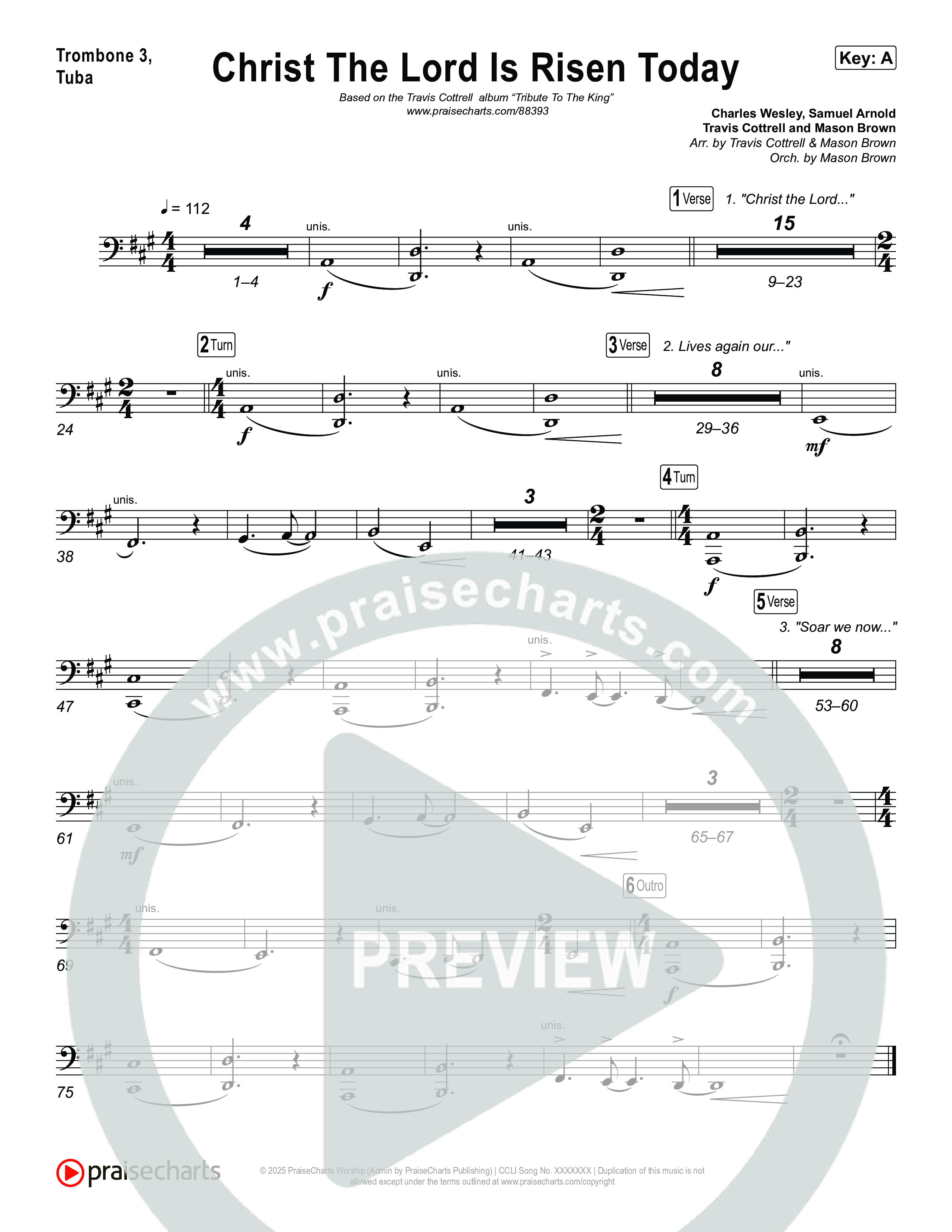 Christ The Lord Is Risen Today (Choral/SATB) Trombone 3/Tuba (Travis Cottrell / Arr. Mason Brown)