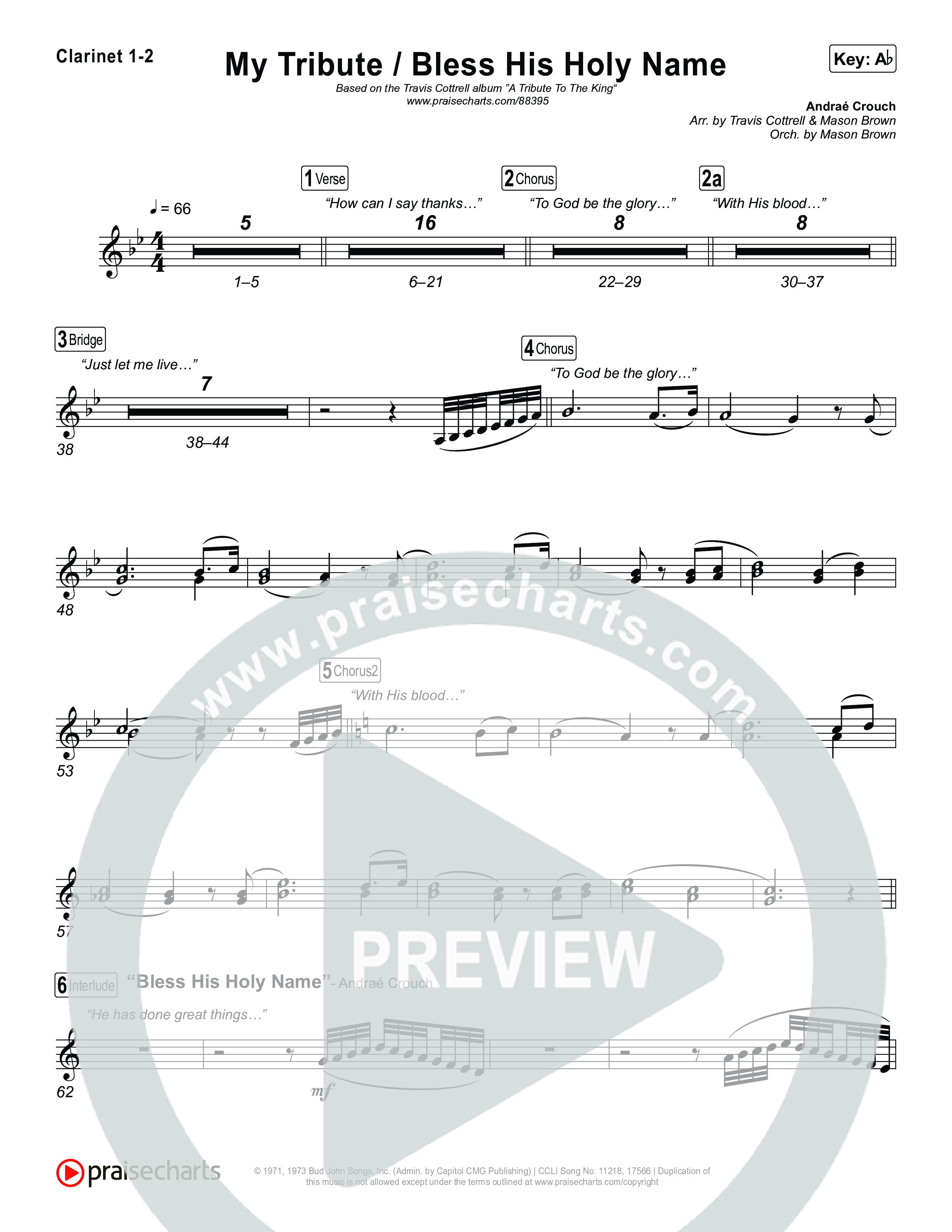 My Tribute / Bless His Holy Name (Choral/SATB) Clarinet 1,2 (Brooke Voland / Arr. Travis Cottrell / Arr. Mason Brown)