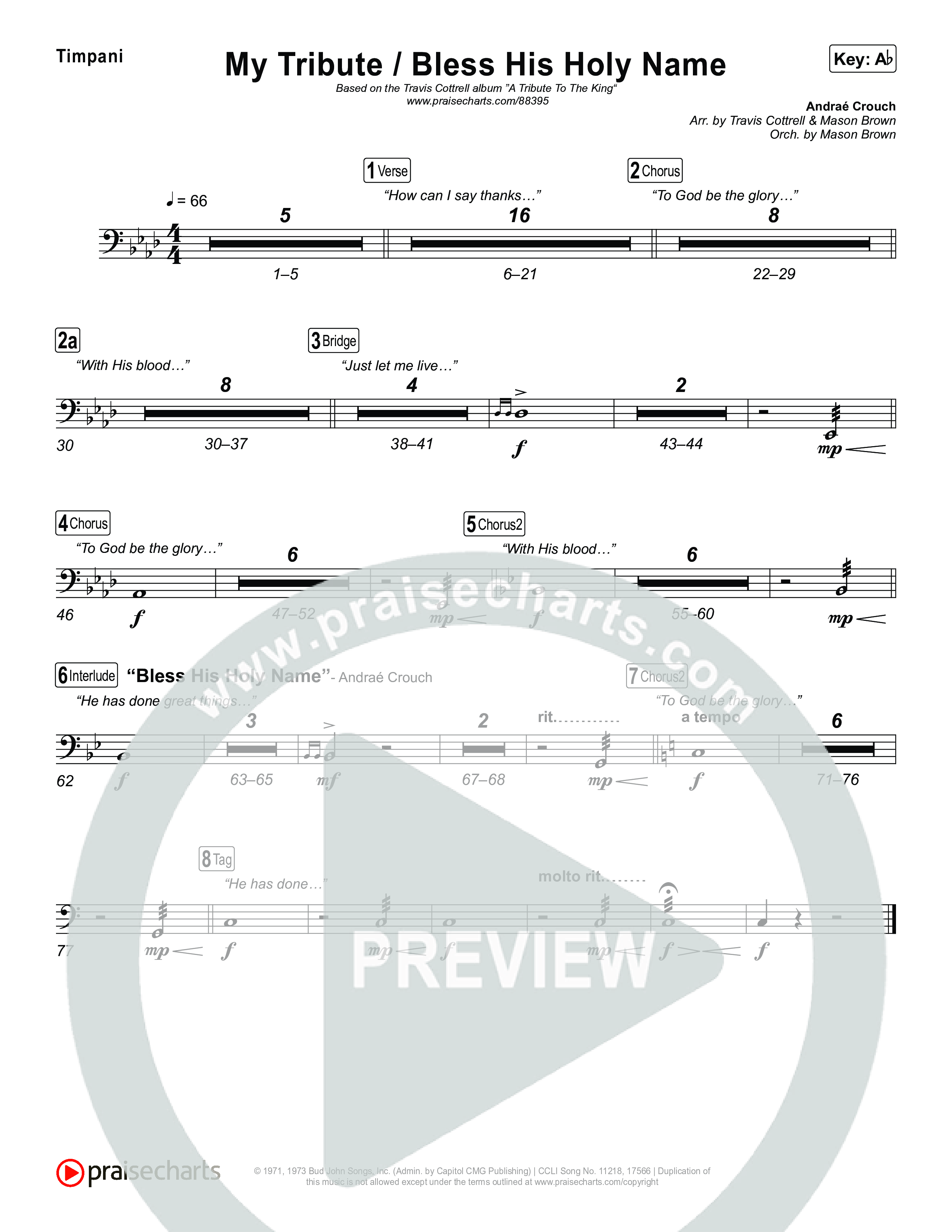My Tribute / Bless His Holy Name (Choral/SATB) Timpani (Brooke Voland / Arr. Travis Cottrell / Arr. Mason Brown)