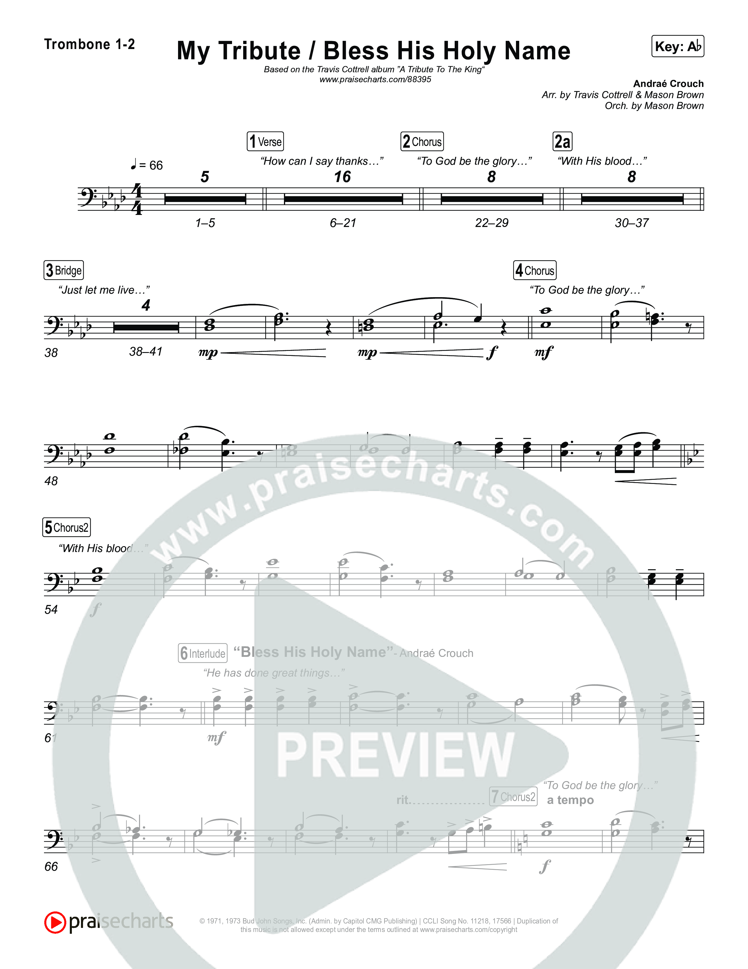 My Tribute / Bless His Holy Name (Choral/SATB) Trombone 1/2 (Brooke Voland / Arr. Travis Cottrell / Arr. Mason Brown)