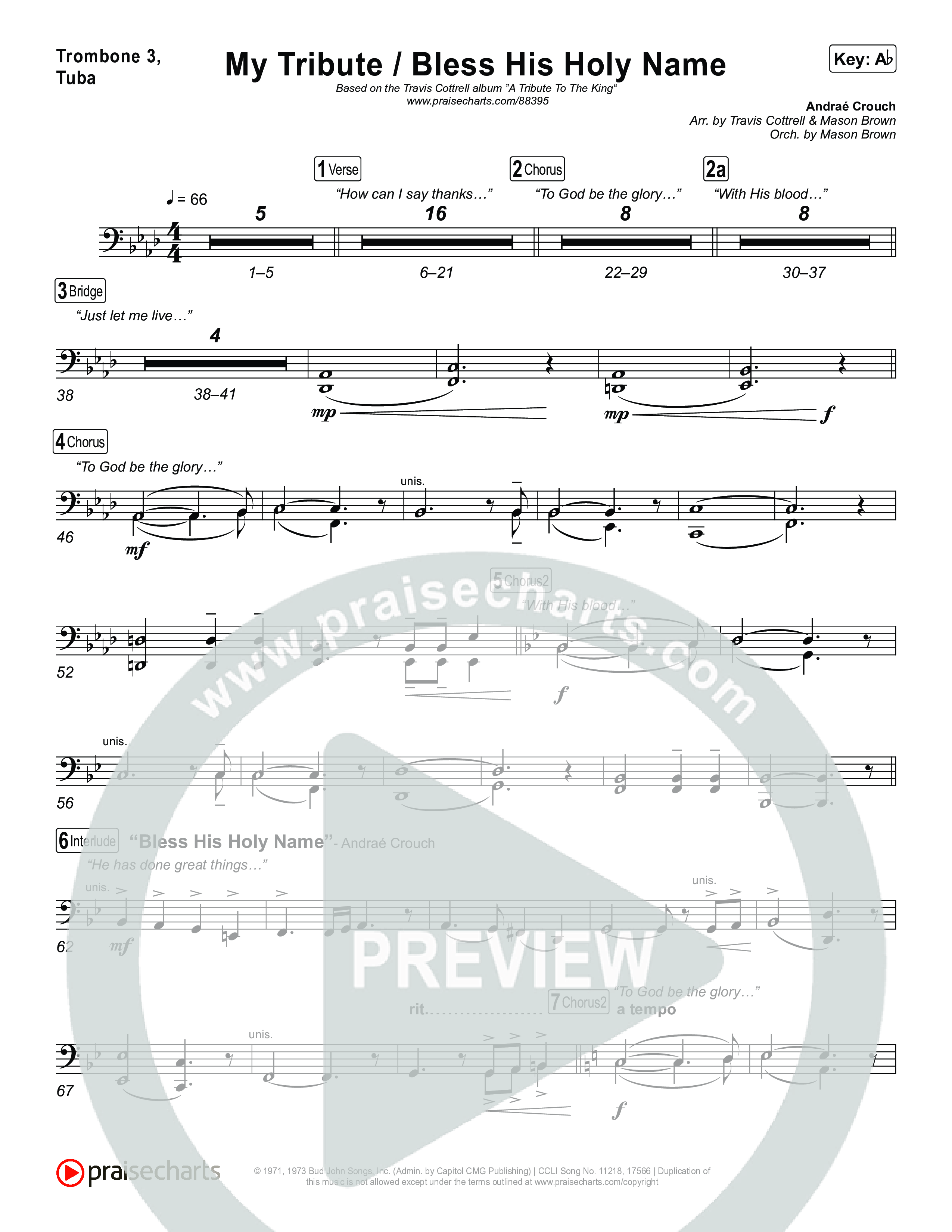 My Tribute / Bless His Holy Name (Choral/SATB) Trombone 1,2 (Brooke Voland / Arr. Travis Cottrell / Arr. Mason Brown)