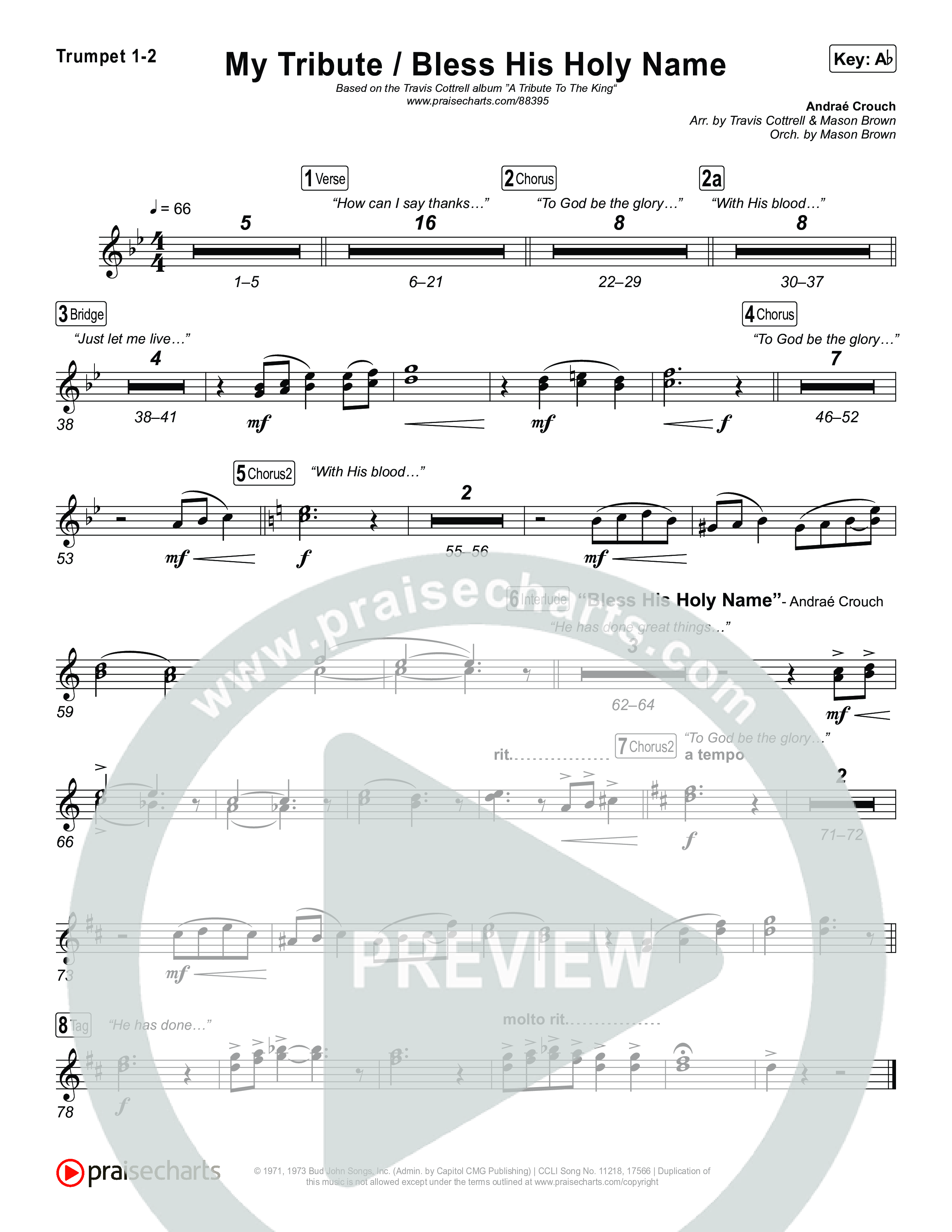 My Tribute / Bless His Holy Name (Choral/SATB) Trumpet 1,2 (Brooke Voland / Arr. Travis Cottrell / Arr. Mason Brown)
