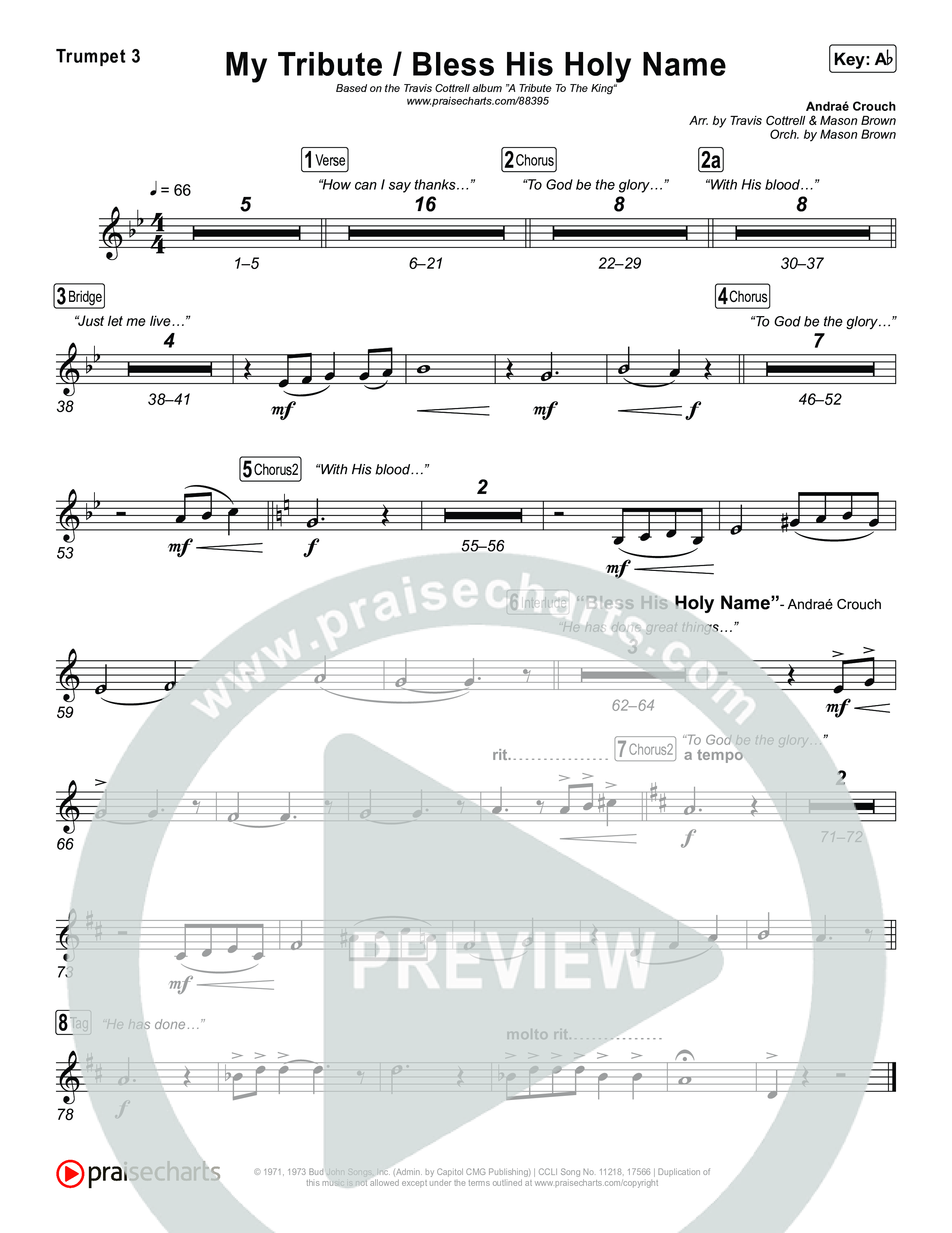 My Tribute / Bless His Holy Name (Choral/SATB) Trumpet 1,2 (Brooke Voland / Arr. Travis Cottrell / Arr. Mason Brown)