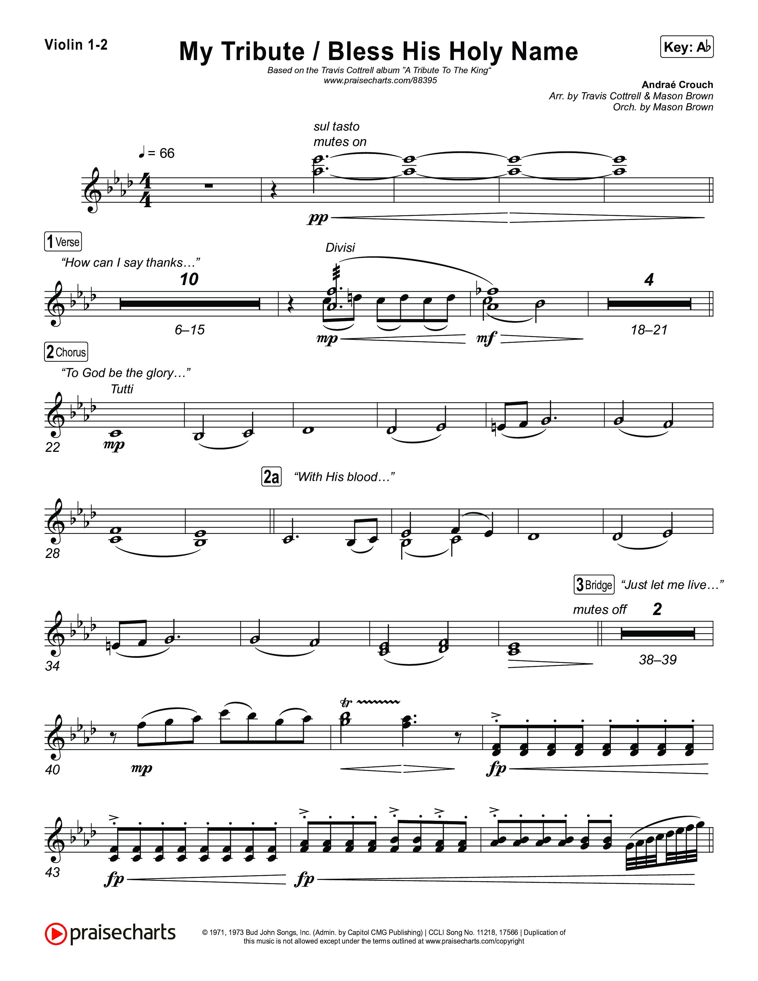 My Tribute / Bless His Holy Name (Choral/SATB) Violin 1,2 (Brooke Voland / Arr. Travis Cottrell / Arr. Mason Brown)