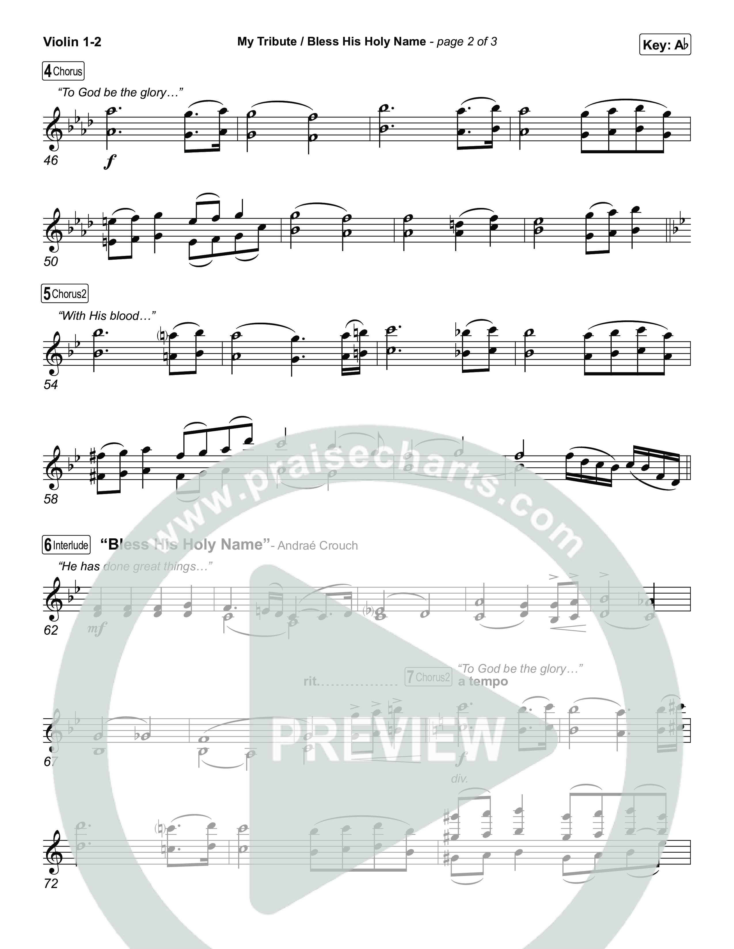 My Tribute / Bless His Holy Name (Choral/SATB) Violin 1,2 (Brooke Voland / Arr. Travis Cottrell / Arr. Mason Brown)