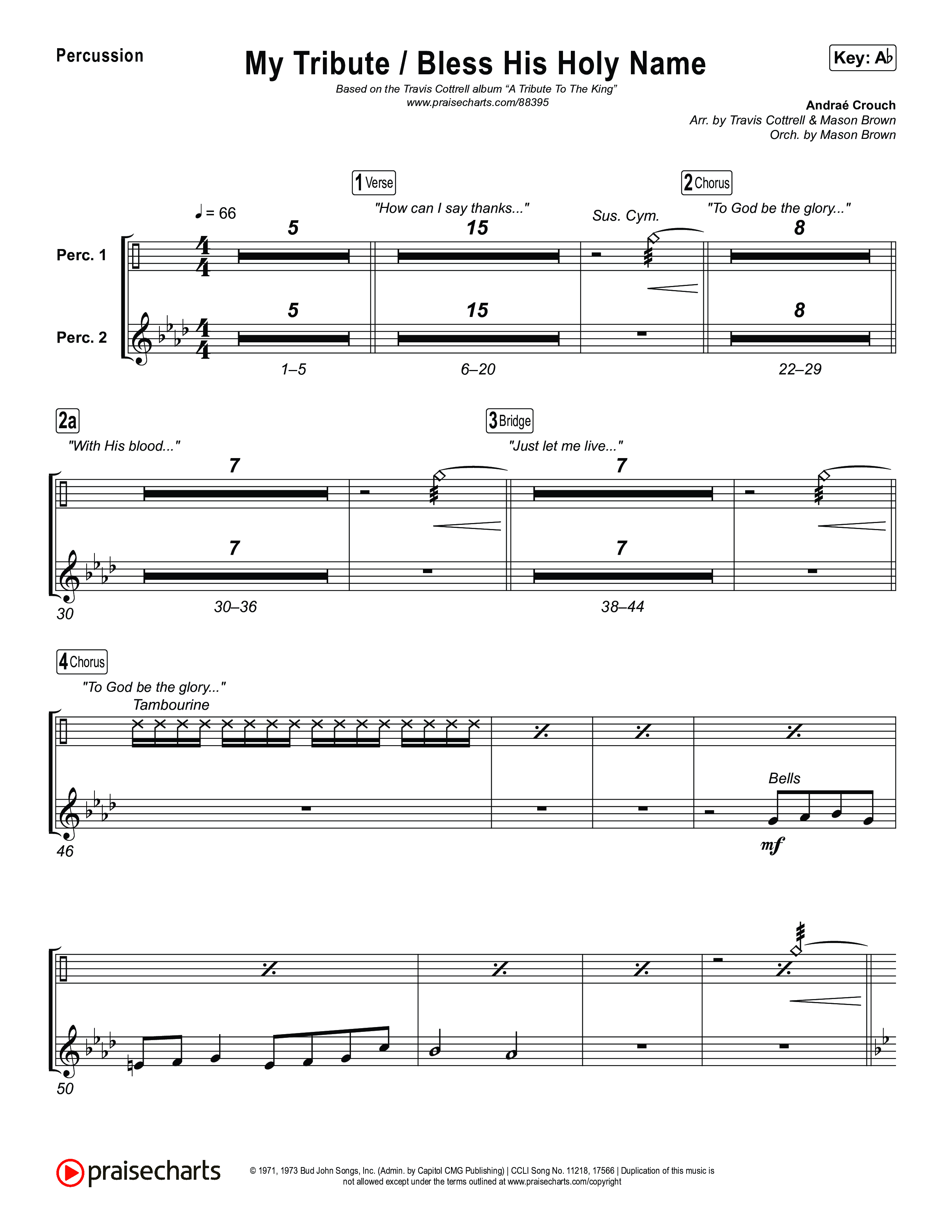 My Tribute / Bless His Holy Name (Choral/SATB) Percussion (Brooke Voland / Arr. Travis Cottrell / Arr. Mason Brown)