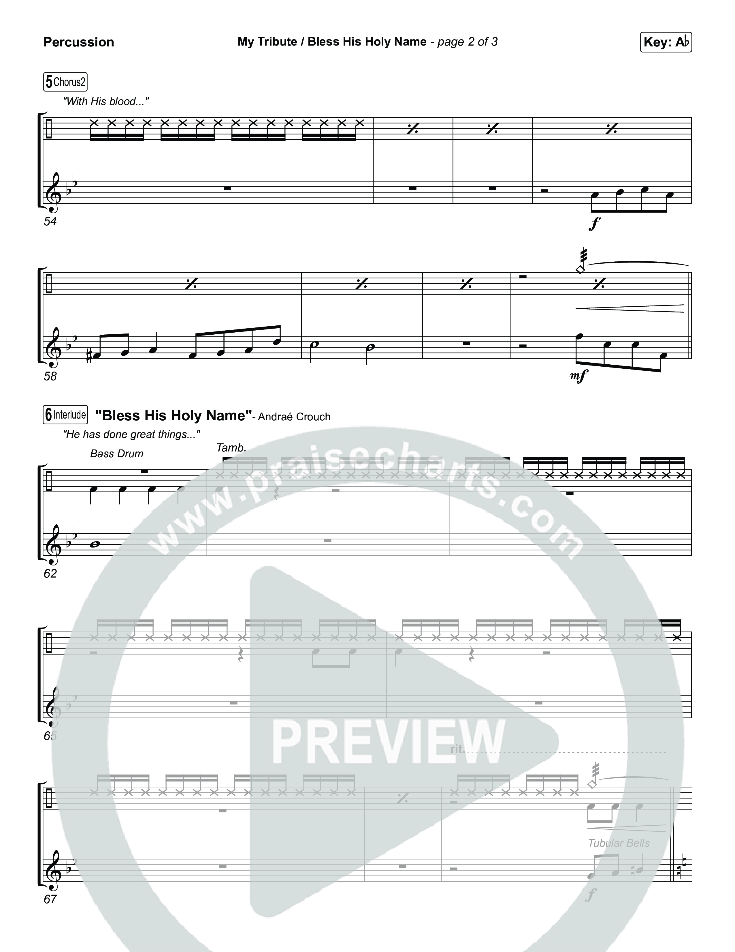 My Tribute / Bless His Holy Name (Choral/SATB) Percussion (Brooke Voland / Arr. Travis Cottrell / Arr. Mason Brown)