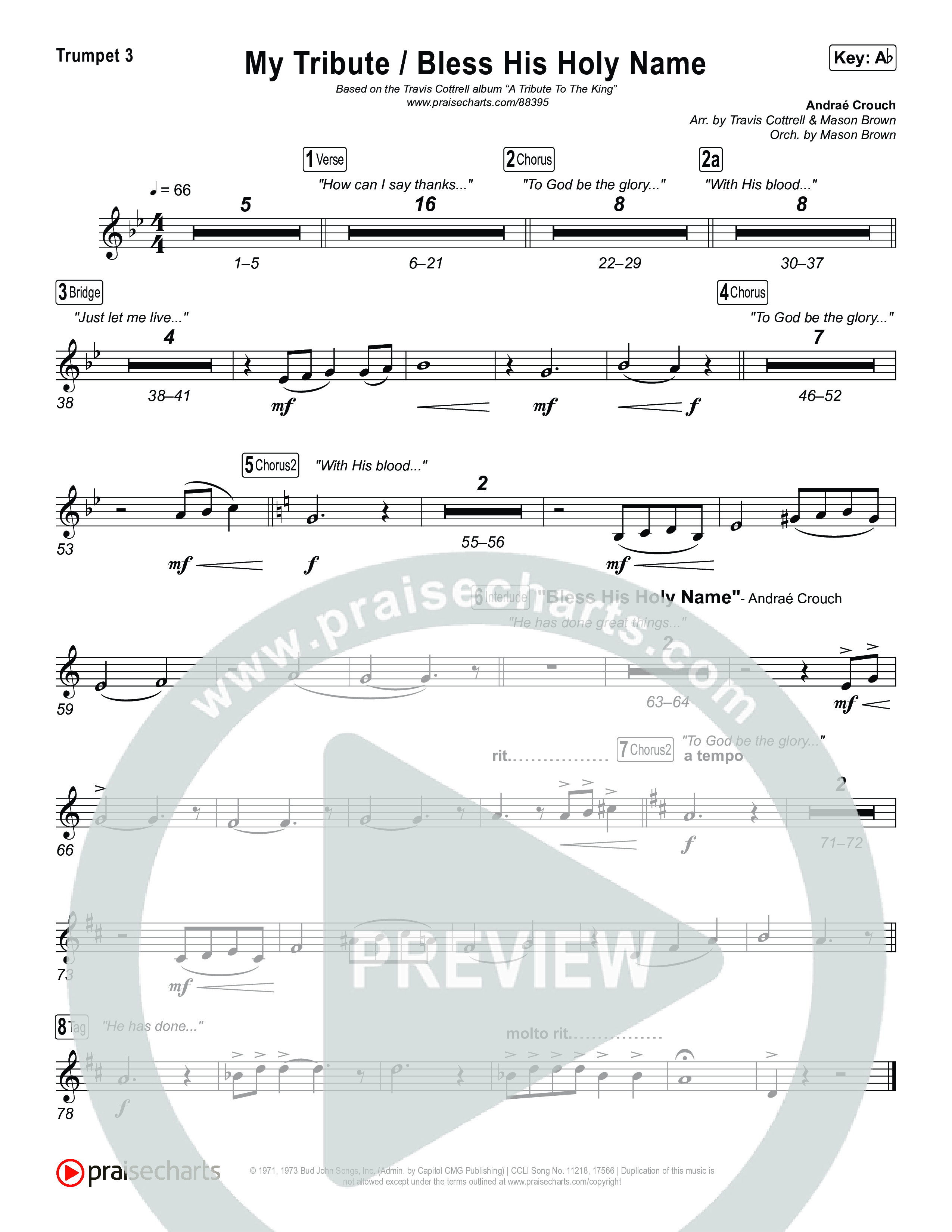 My Tribute / Bless His Holy Name (Choral/SATB) Trumpet 1,2 (Brooke Voland / Arr. Travis Cottrell / Arr. Mason Brown)