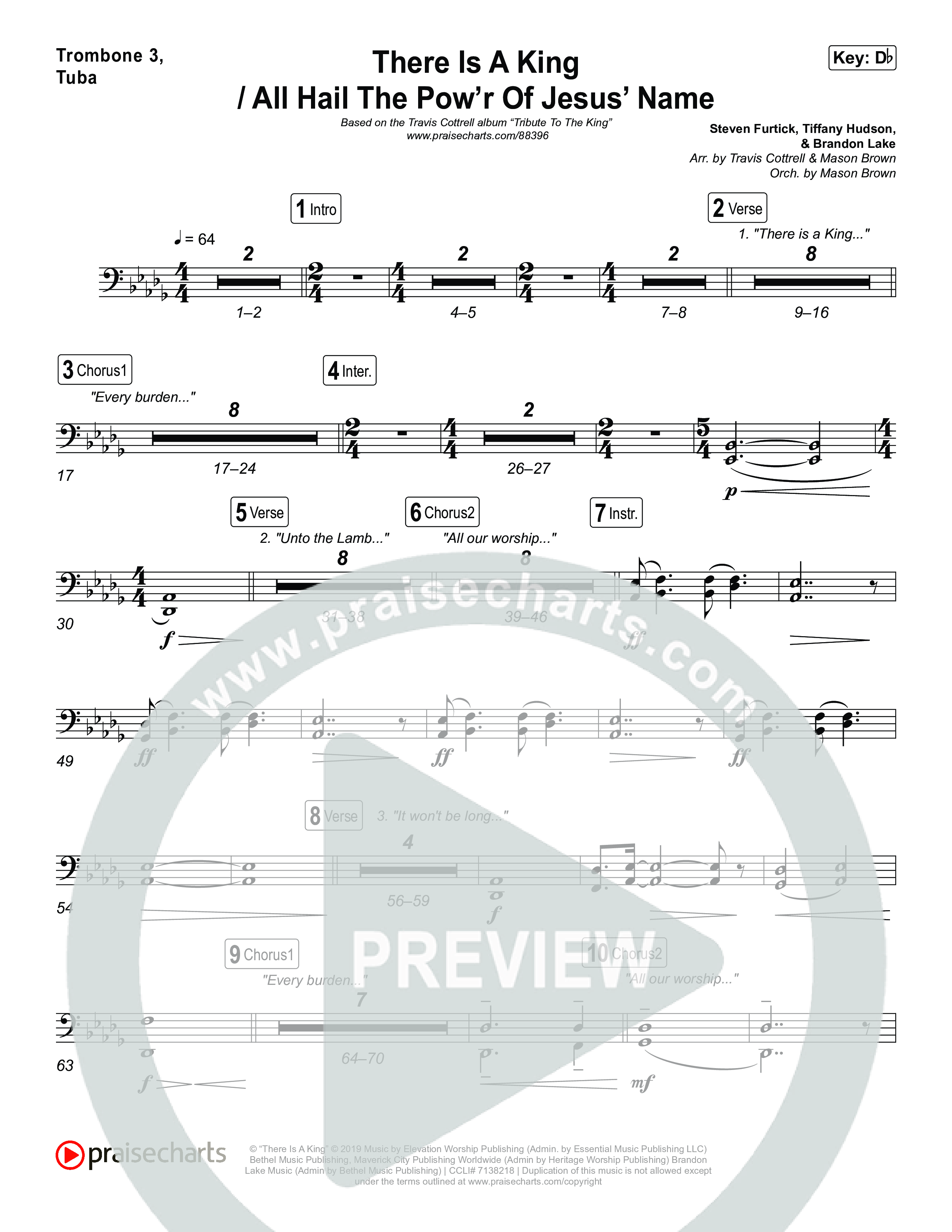 There Is A King / All Hail The Pow'r Of Jesus' Name (Choral/SATB) Trombone 3/Tuba (Travis Cottrell / Arr. Mason Brown)