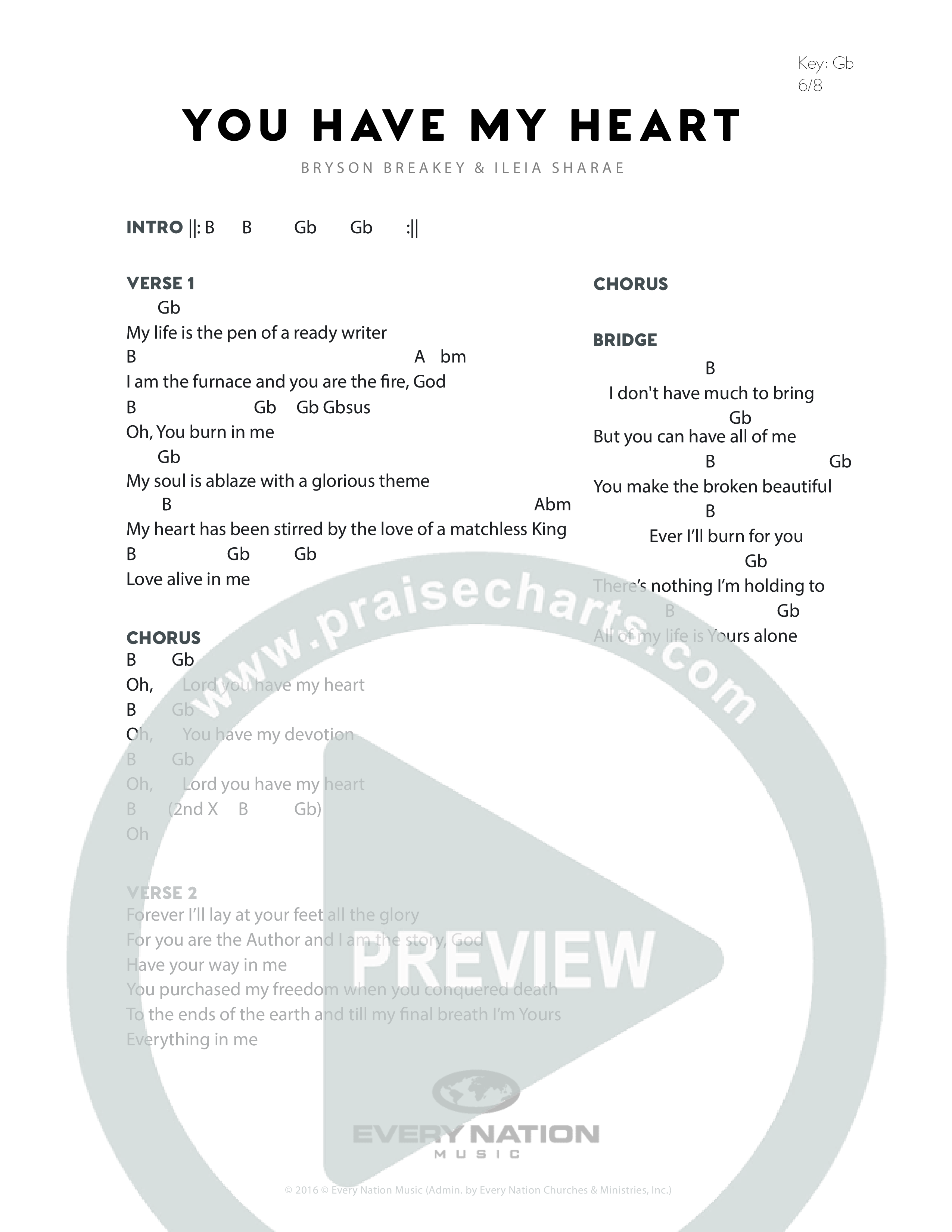 You Have My Heart Chord Chart (Every Nation Music)
