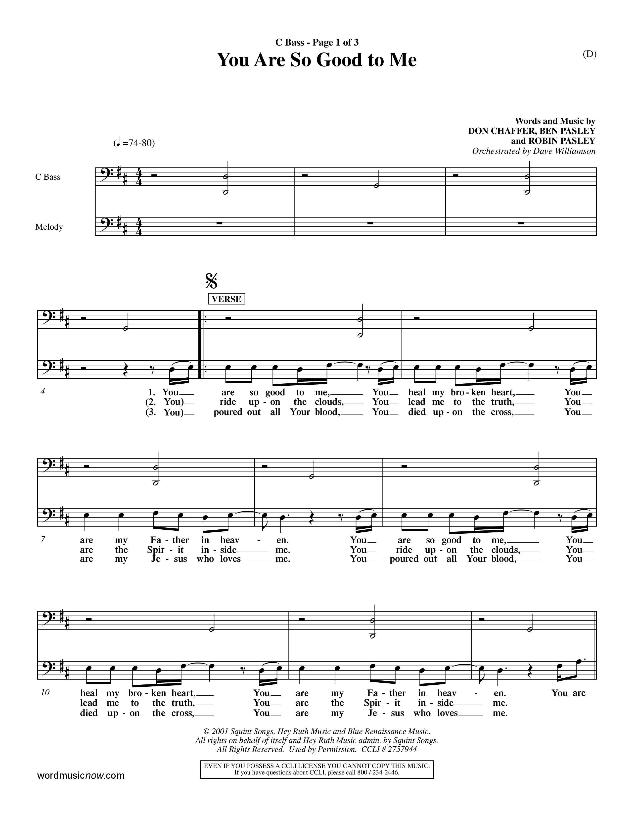 You Are So Good To Me (Choral Anthem SATB) Contrabass (Word Music Choral / Orch. Dave Williamson)