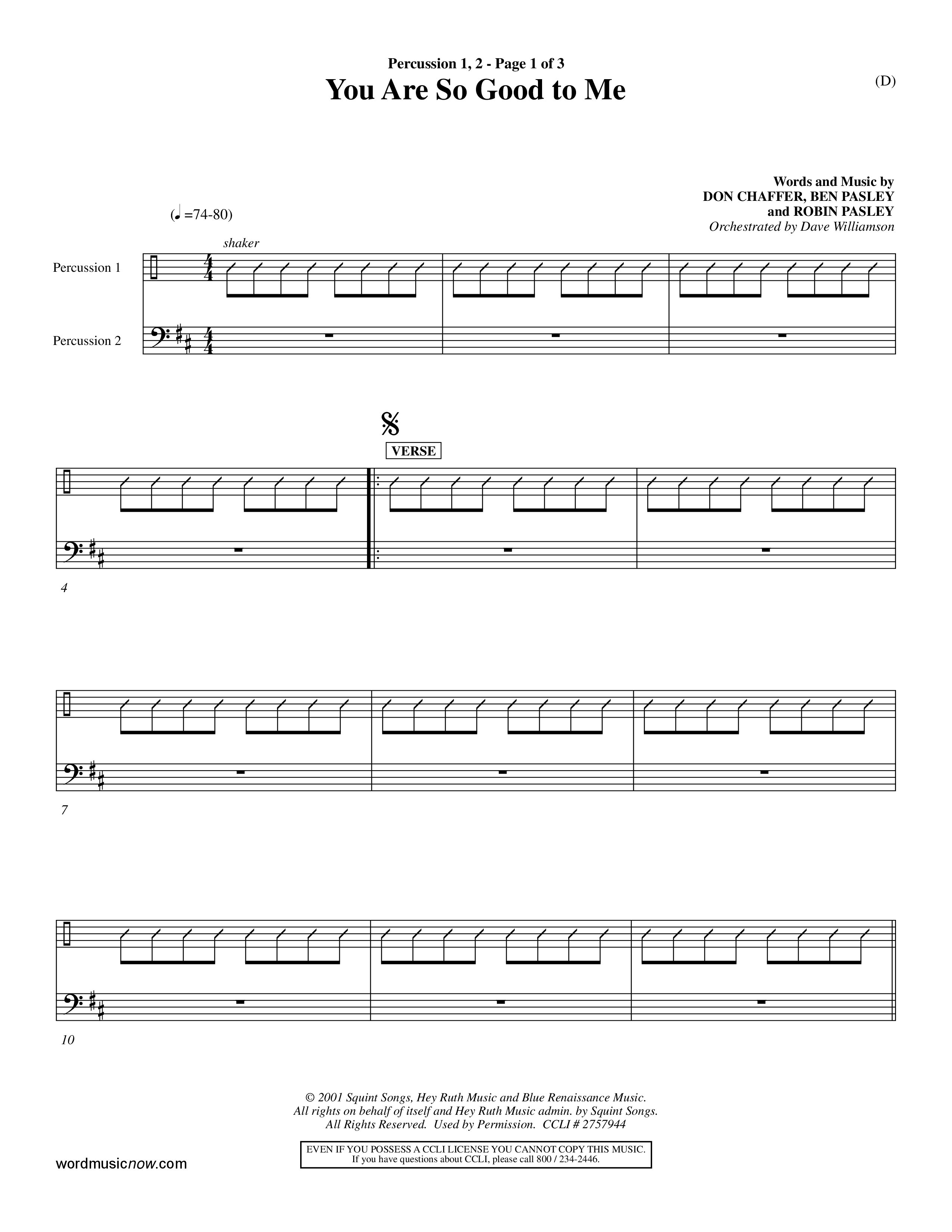 You Are So Good To Me (Choral Anthem SATB) Percussion 1/2 (Word Music Choral / Orch. Dave Williamson)