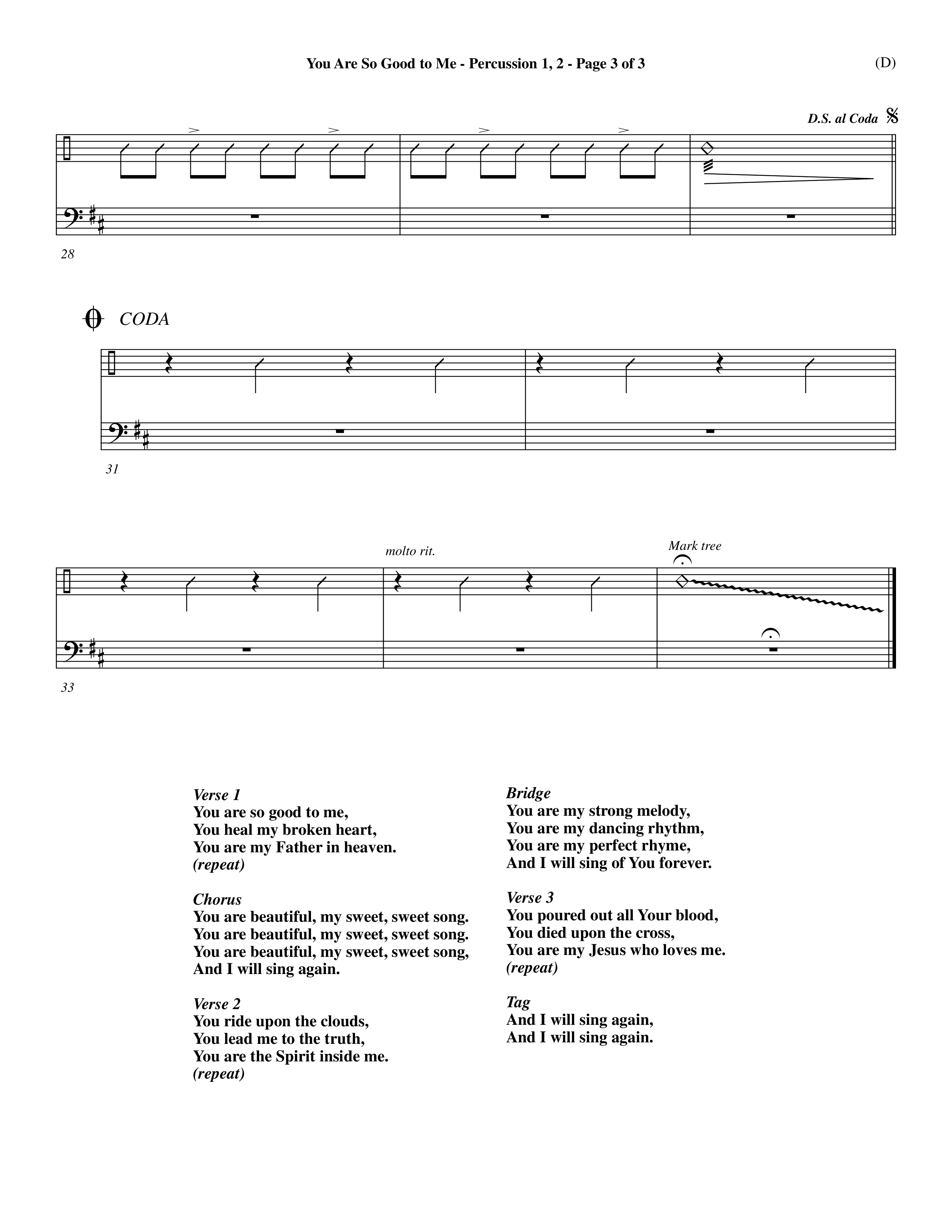 You Are So Good To Me (Choral Anthem SATB) Percussion 1/2 (Word Music Choral / Orch. Dave Williamson)