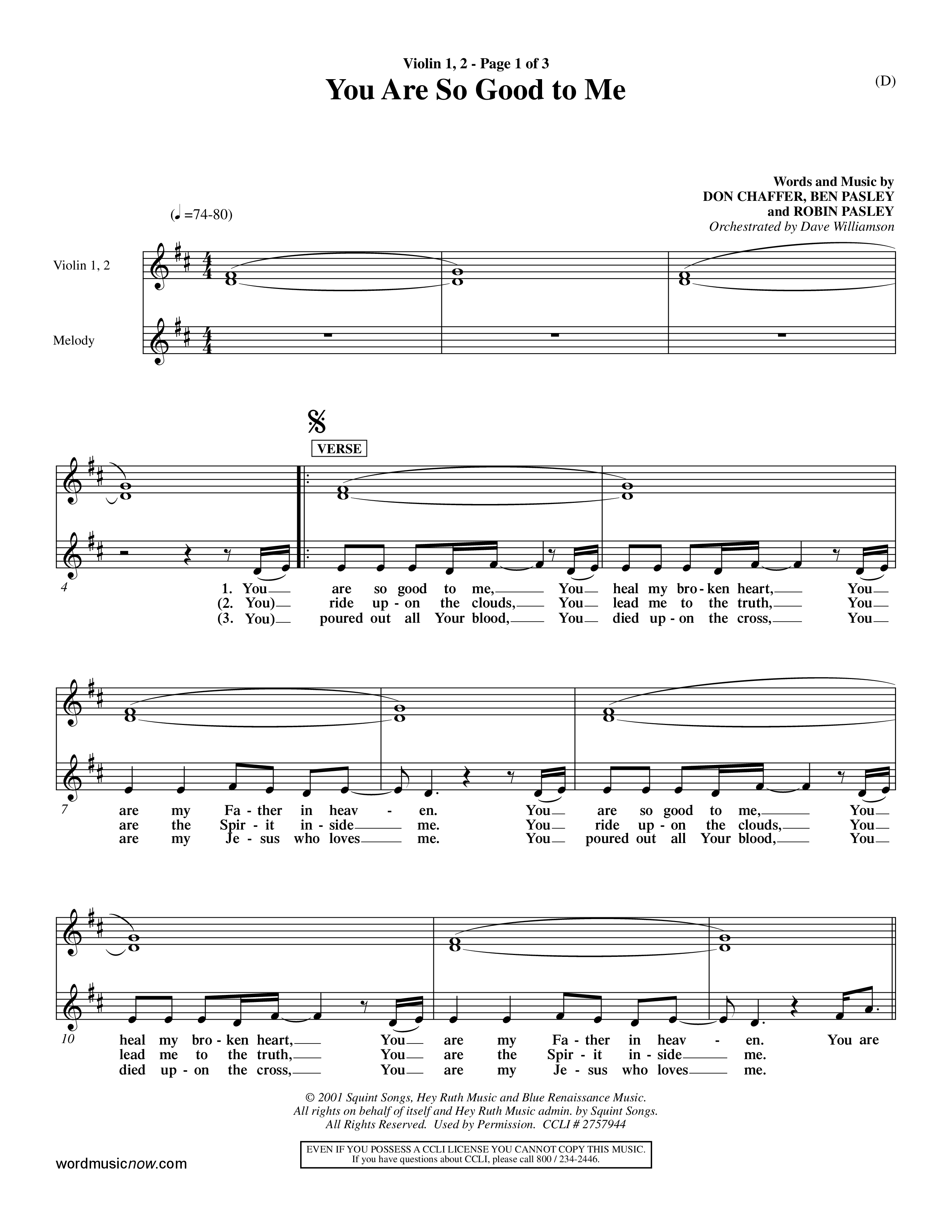 You Are So Good To Me (Choral Anthem SATB) Violin 1/2 (Word Music Choral / Orch. Dave Williamson)