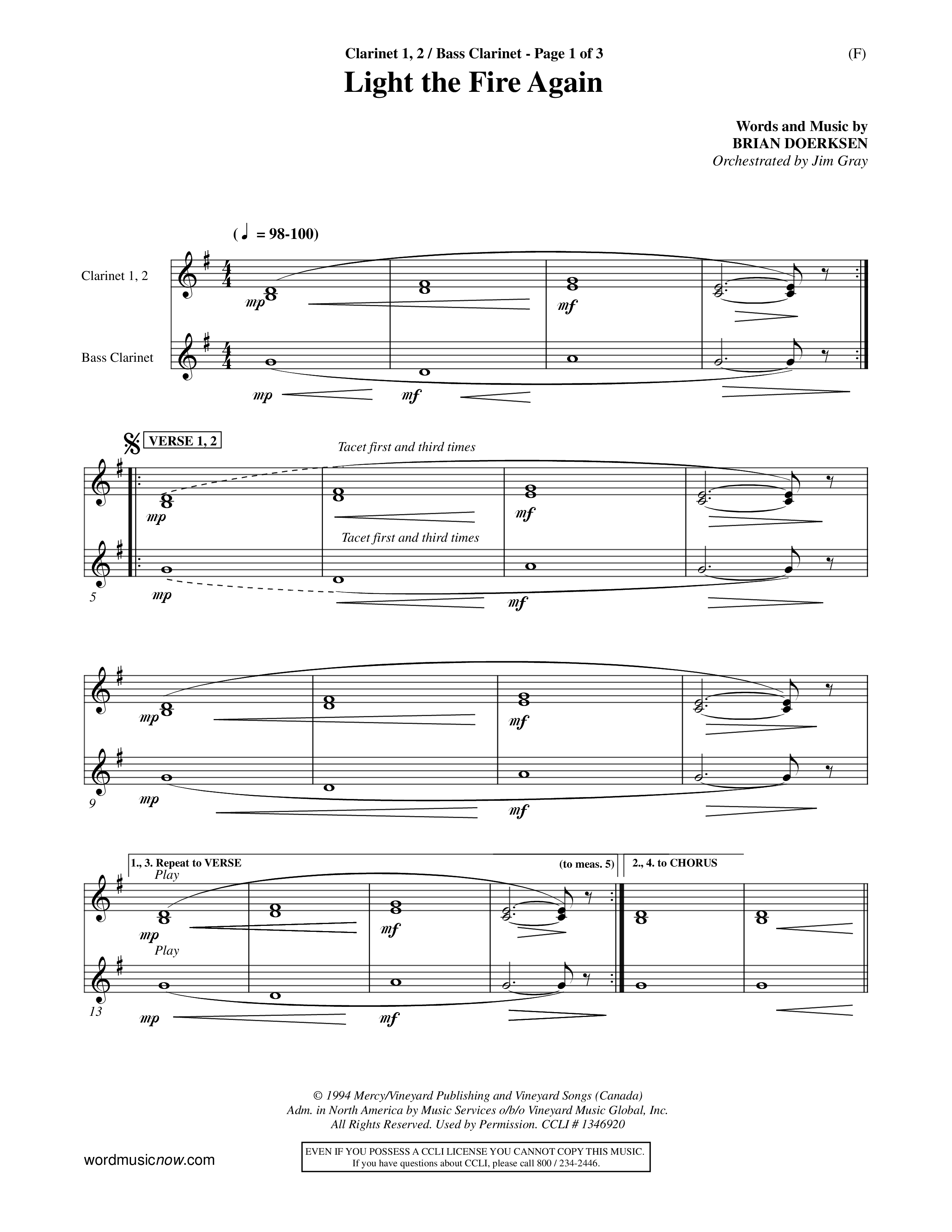 Light The Fire Again (Choral Anthem SATB) Clarinet 1/2, Bass Clarinet (Word Music Choral / Orch. Jim Gray)