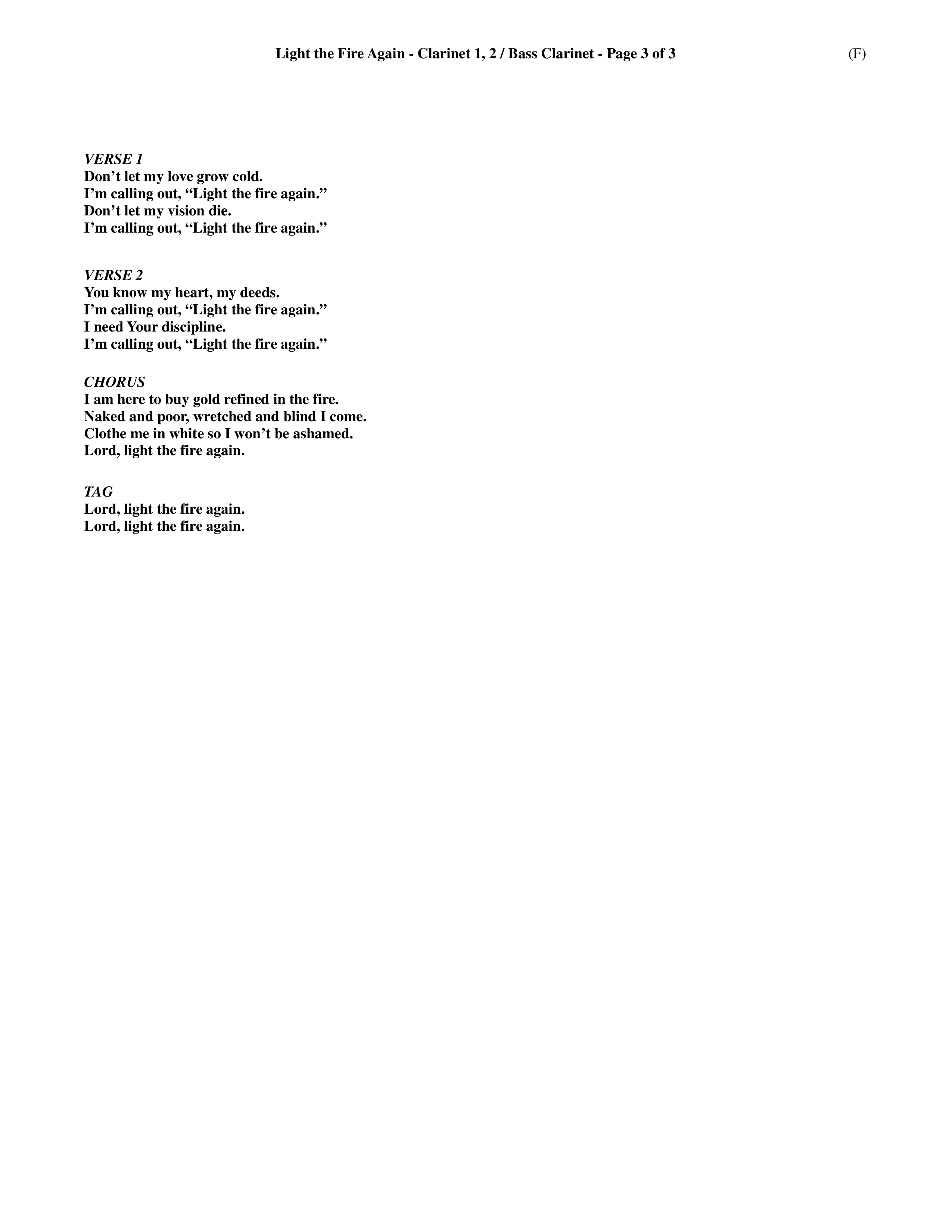 Light The Fire Again (Choral Anthem SATB) Clarinet 1/2, Bass Clarinet (Word Music Choral / Orch. Jim Gray)